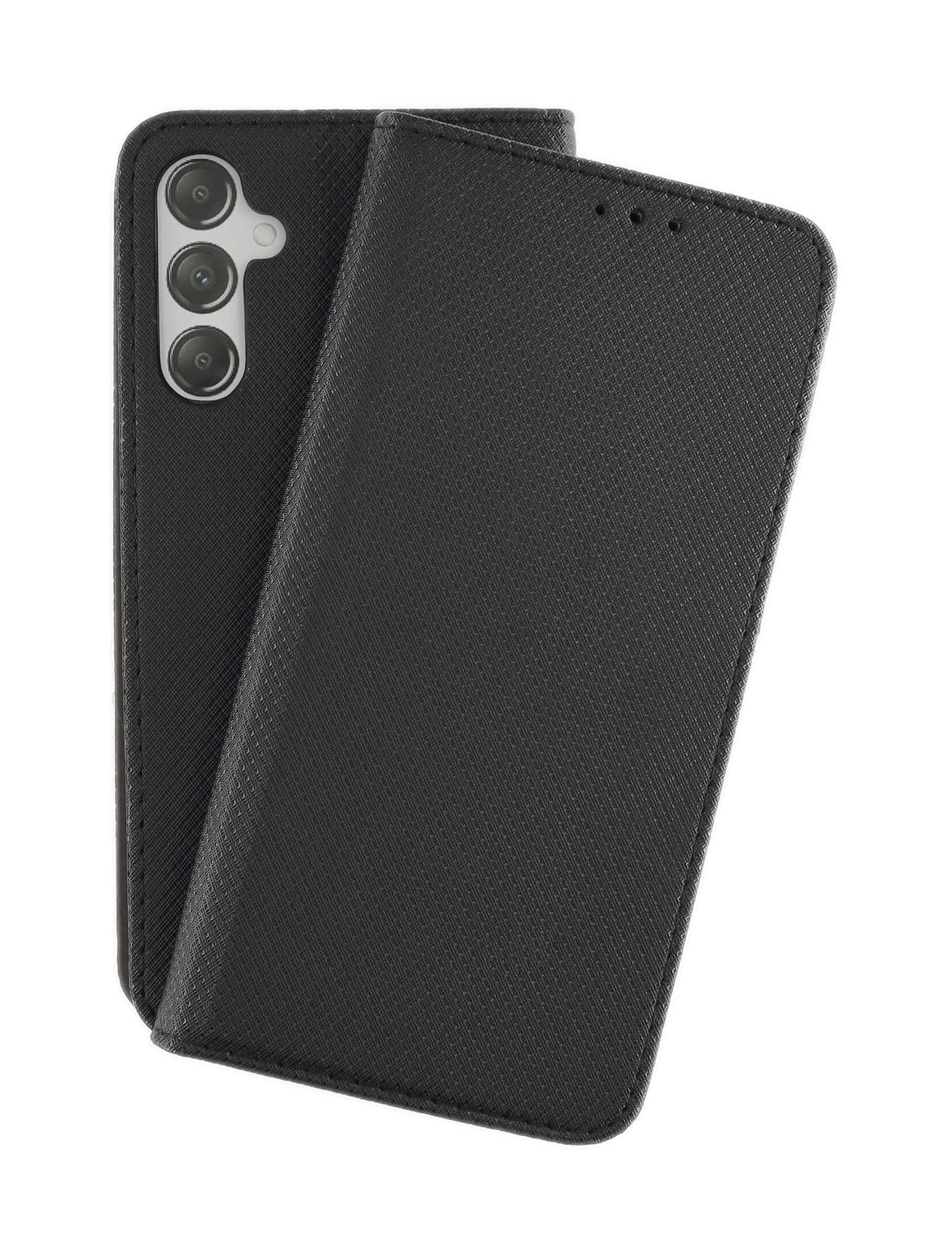 Eine schwarze Handyhülle mit strukturierter Oberfläche, seitlich geöffnet. Das Telefon ist drin.