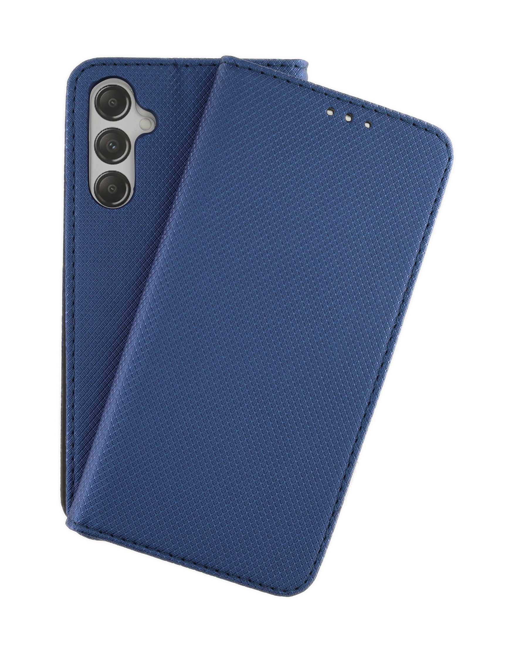Eine blaue Handyhülle, geöffnet, um das Telefon und die Innenseite der Hülle zu zeigen.