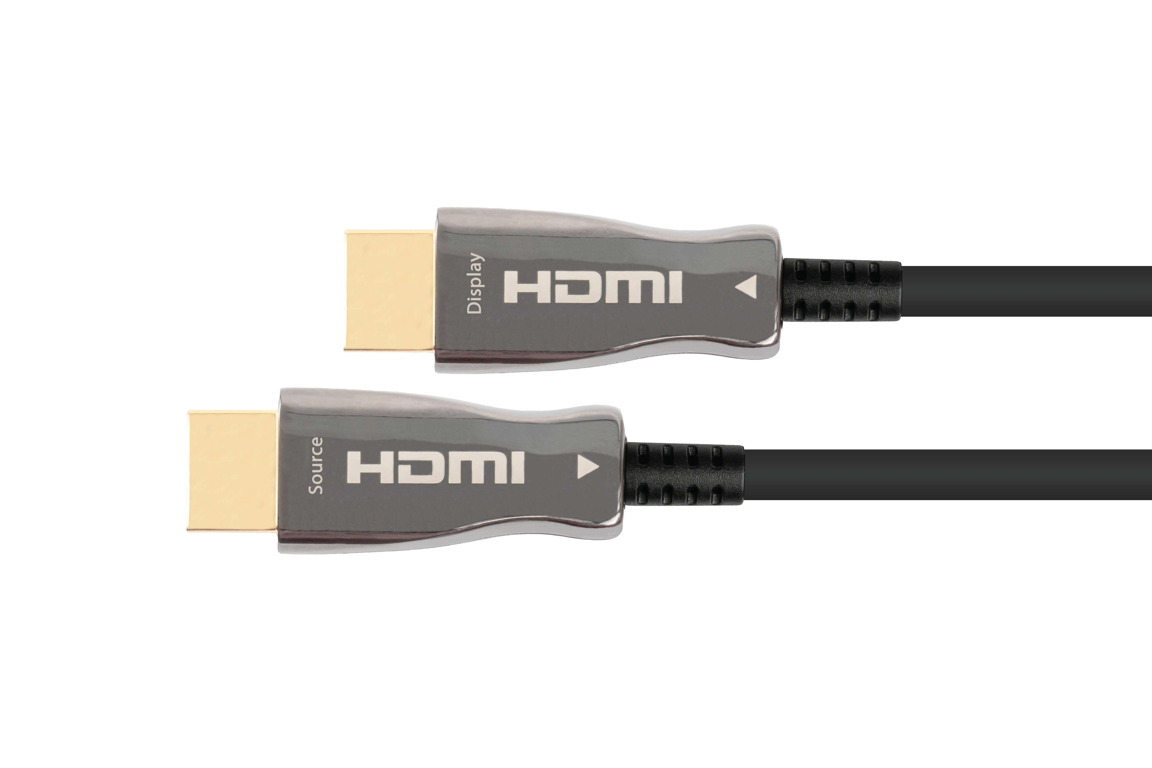 Zwei HDMI-Kabel. Jedes Kabel hat einen silbernen Stecker mit der Aufschrift 'HDMI'.
