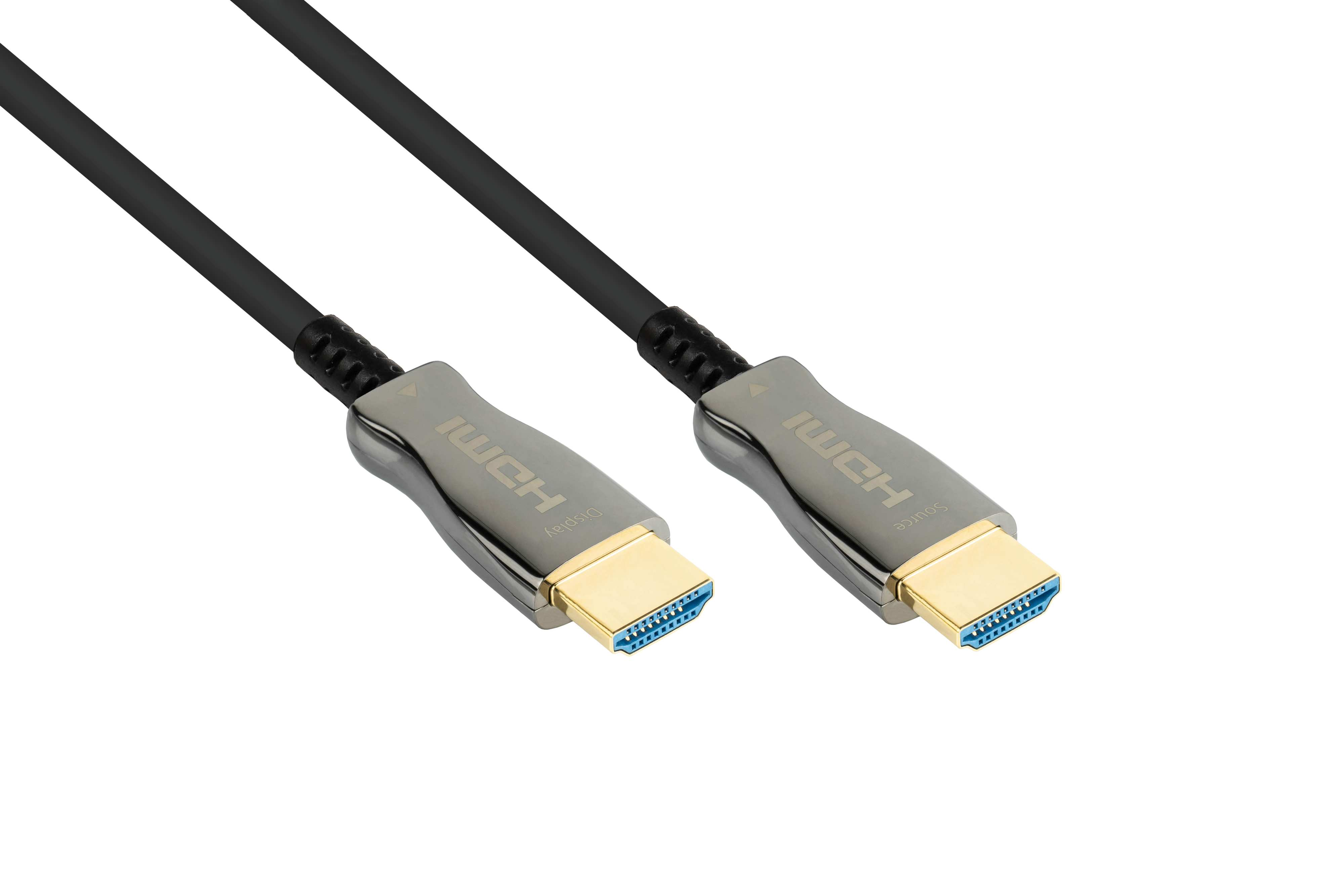 Zwei schwarze HDMI-Kabel mit goldenen Steckern, weißer Hintergrund.