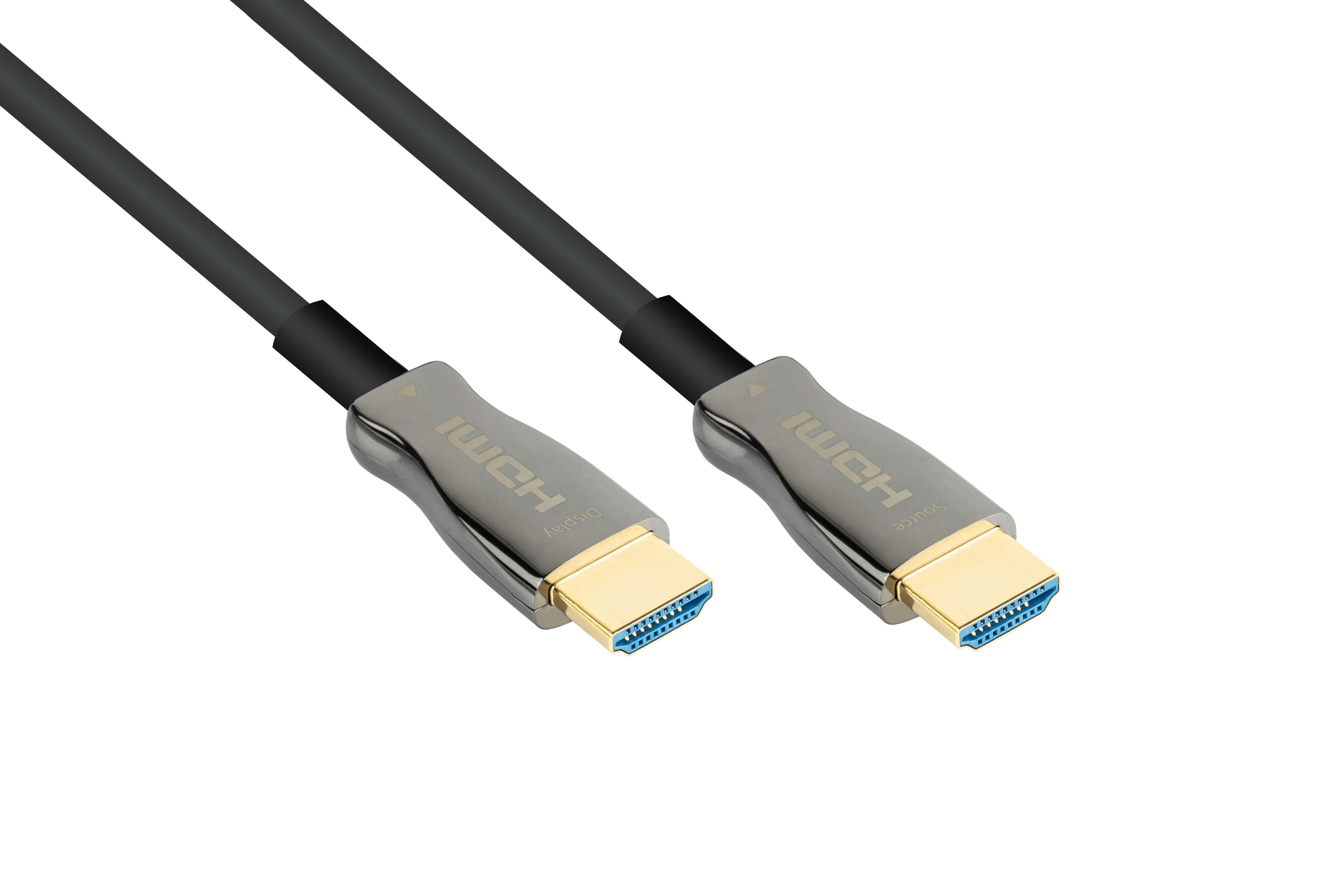 Zwei schwarze HDMI-Kabel. Die Anschlüsse sind grau mit Gold und Blau. Weißer Hintergrund.