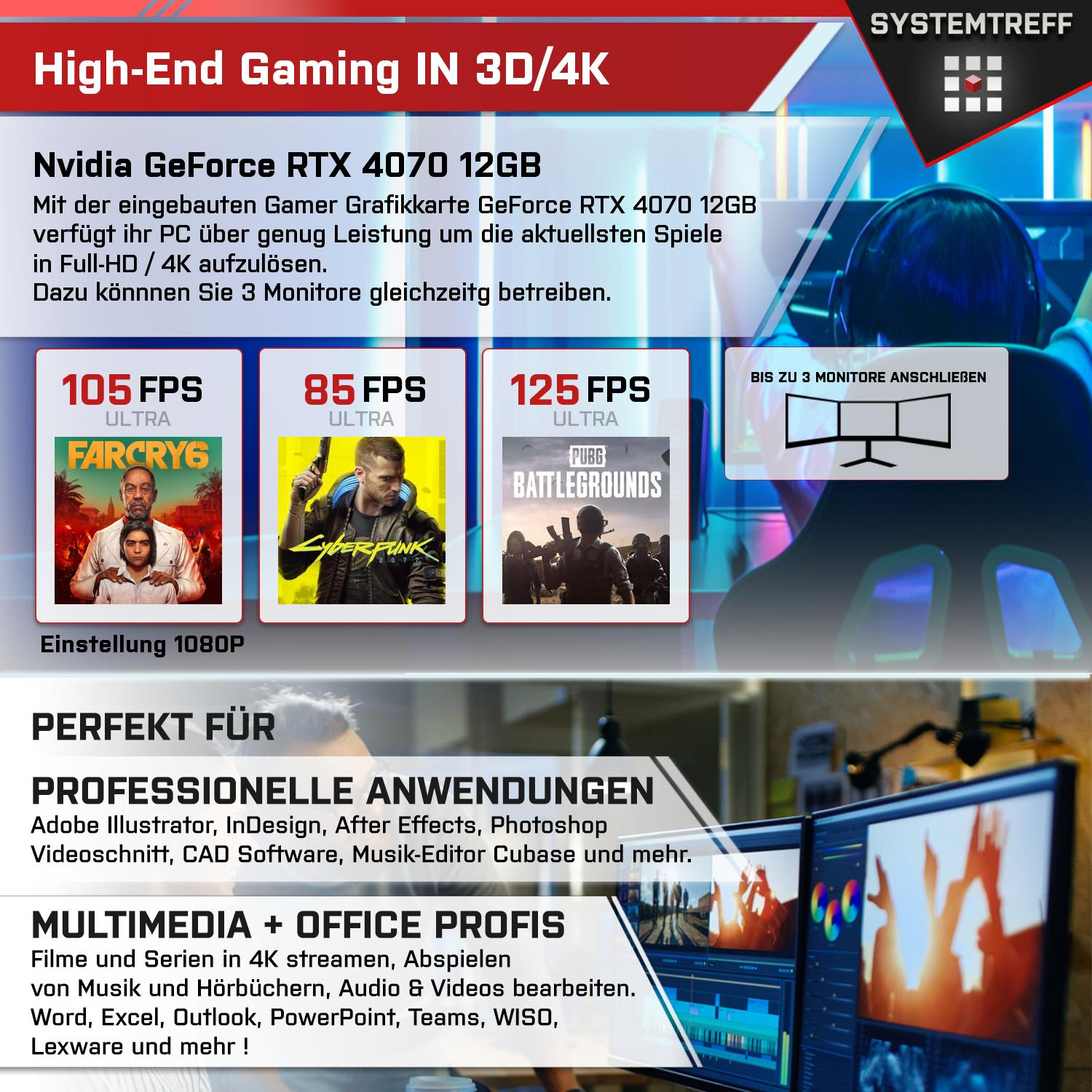 SYSTEMTREFF High-End 1000 PC 4070 GB GeForce 5 Windows Pro, GB 32 Ryzen 5 Ryzen™ Gaming RAM, RTX™ Prozessor, mSSD, AMD Gaming 11 7600X, mit NVIDIA AMD