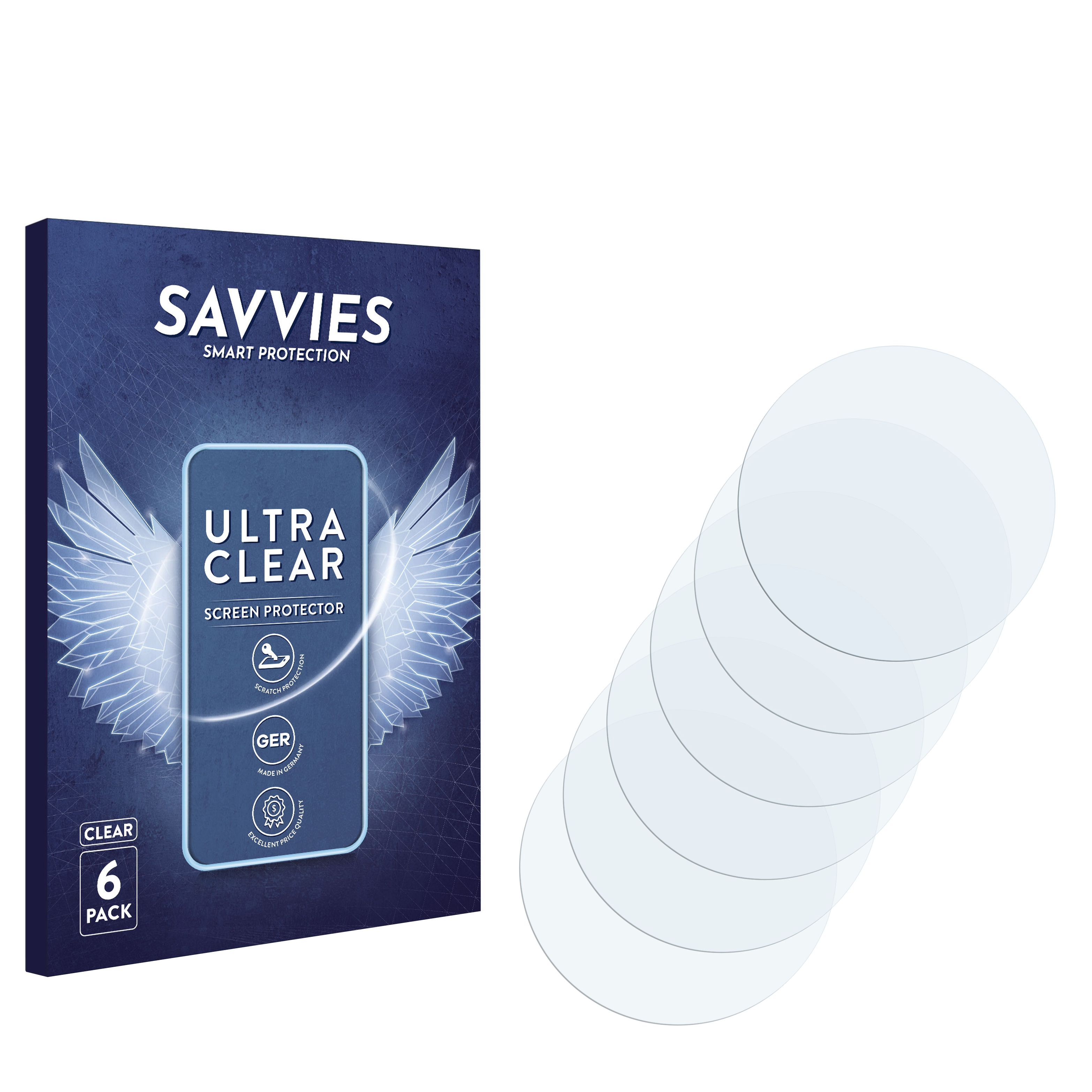 Verpackung mit 6 klaren Displayschutzfolien. Weißer Hintergrund.