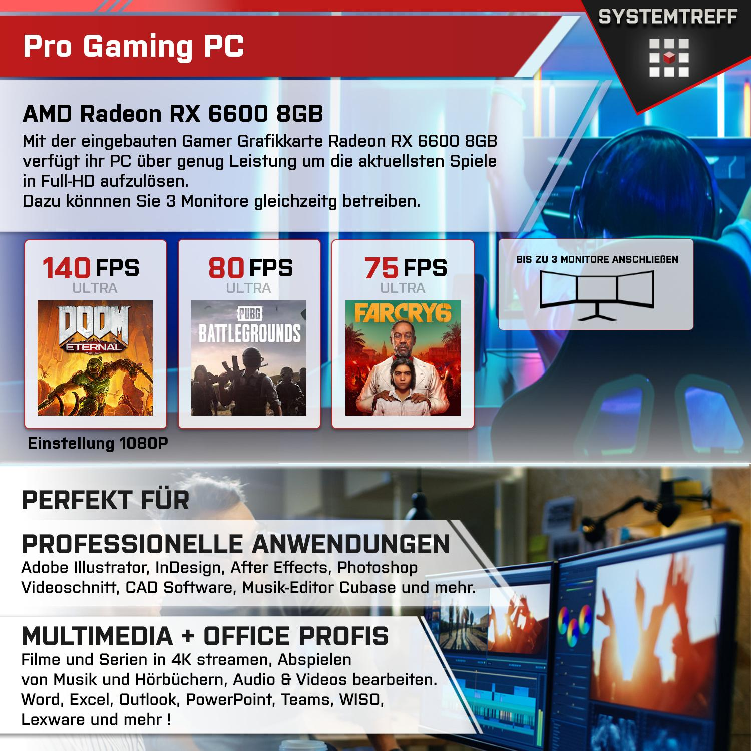 SYSTEMTREFF Gaming Komplett AMD Prozessor, 3 16 RX Ryzen PC 8 8GB mSSD, RAM, Komplett 4100 GB Radeon 6600 AMD GB GDDR6, GB 512 4100, mit