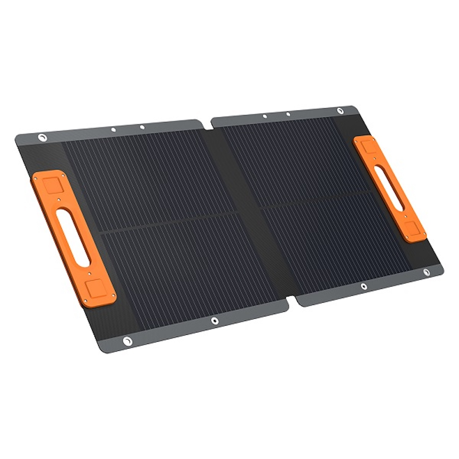 Faltbares Solarpanel. Schwarze Paneele mit orangefarbenen Griffen und grauem Rahmen.