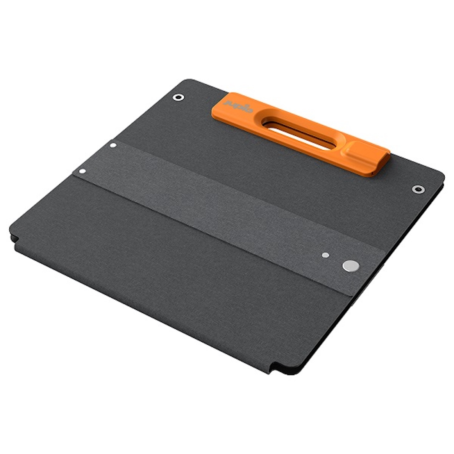 Eine dunkelgraue, faltbare Tablet-Hülle mit einem orangefarbenen Griff.