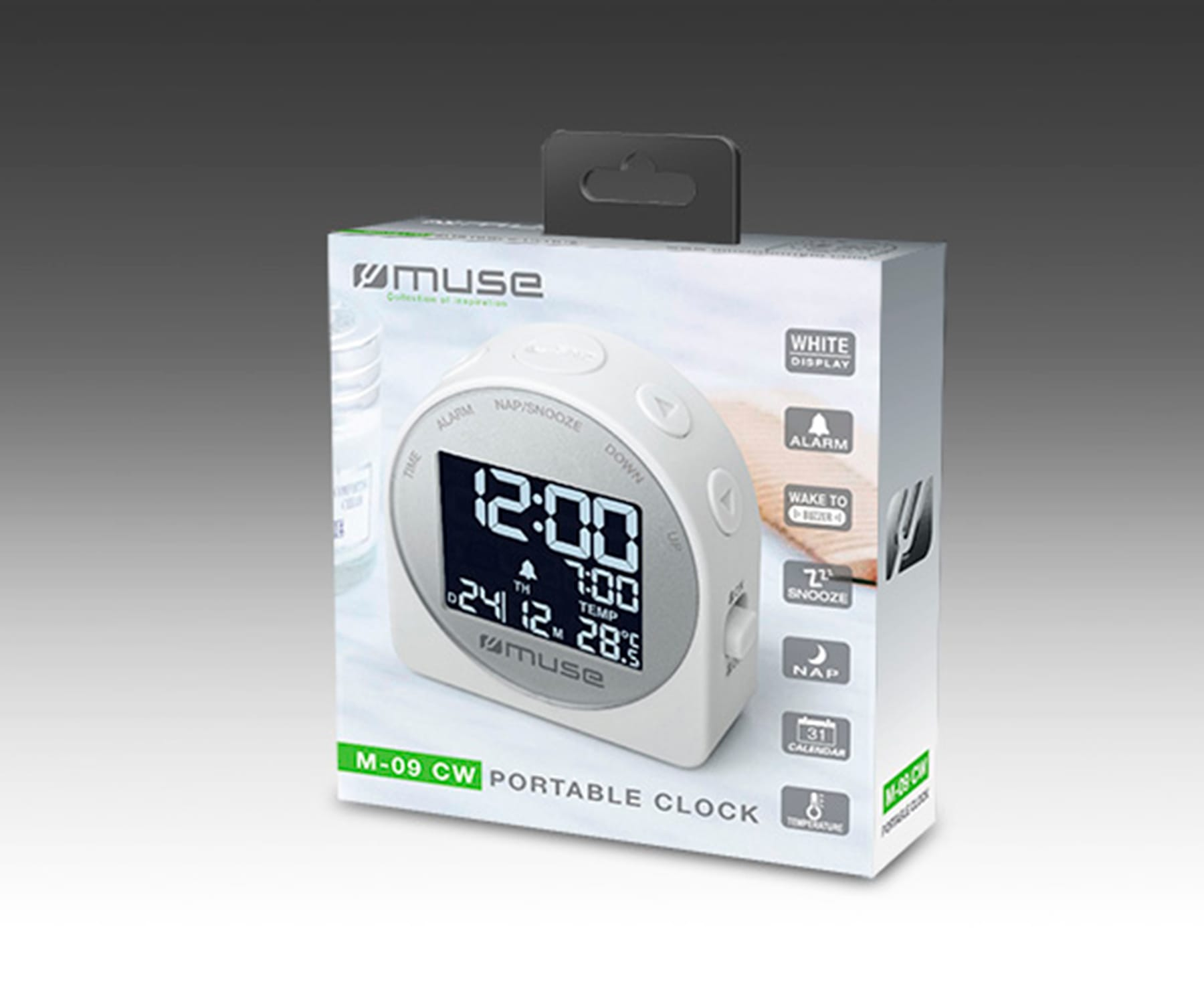 Reloj blanco con pantalla en caja. La pantalla muestra hora y fecha. Botones de alarma y repetición visibles.