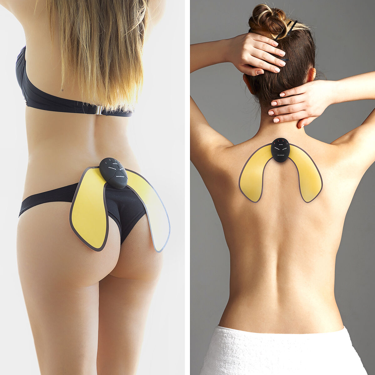 Due immagini che mostrano una donna con uno stimolatore muscolare elettrico su glutei e schiena.