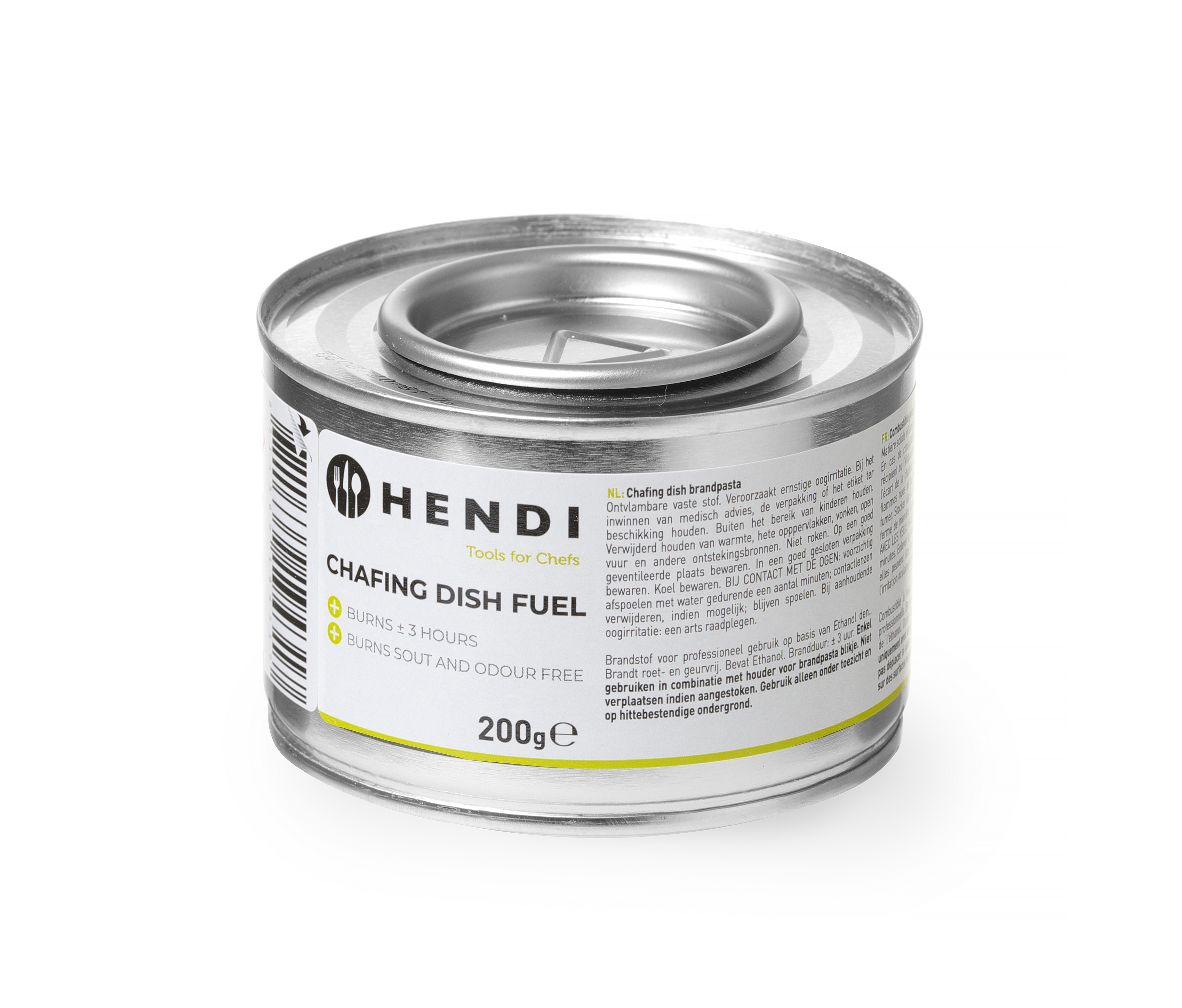 Chafing-Dish-Brennstoffdose. Runde Metalldose mit Etikett. Marke Hendi.