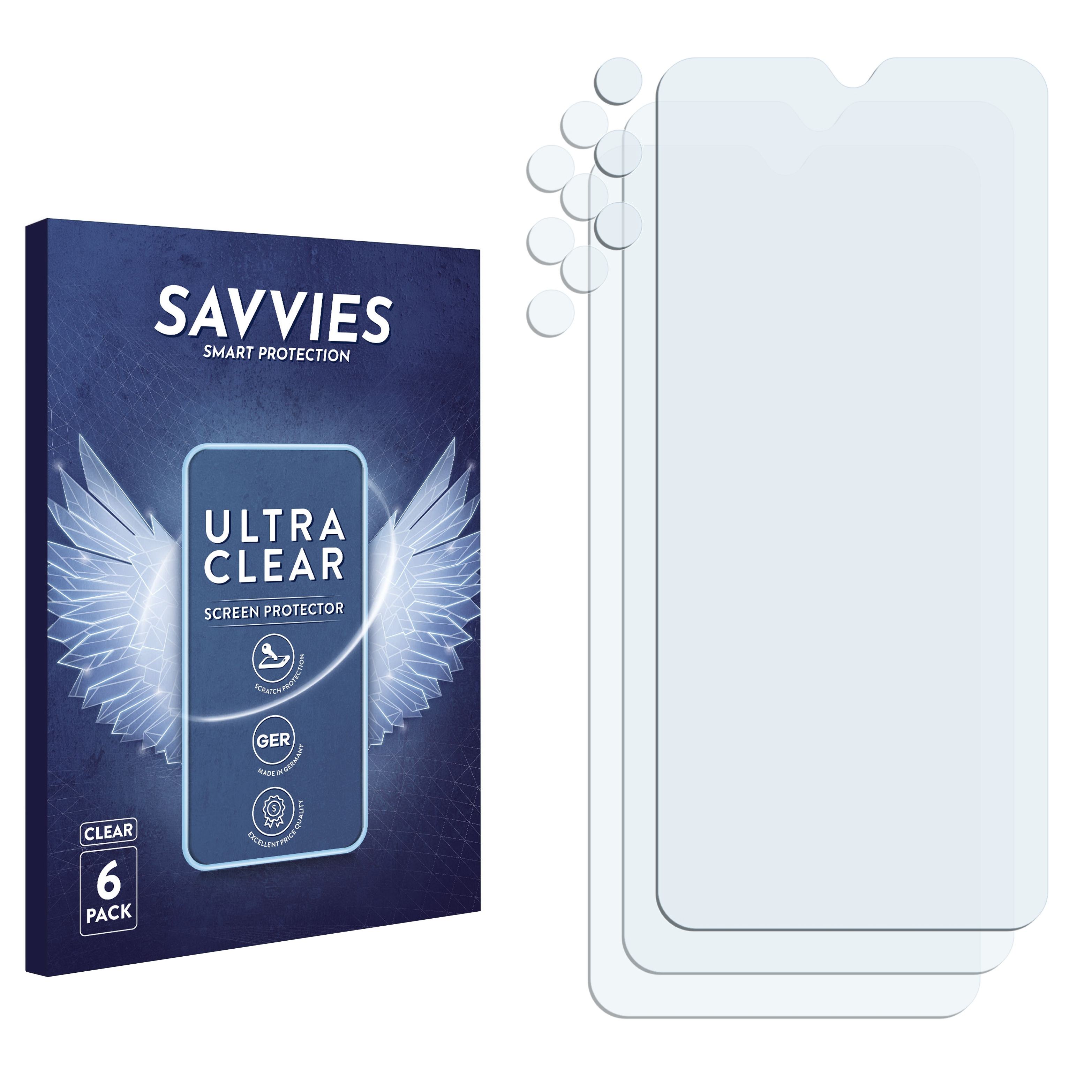 Eine Displayschutzfolienverpackung mit 3 transparenten Schutzfolien und einer Box.
