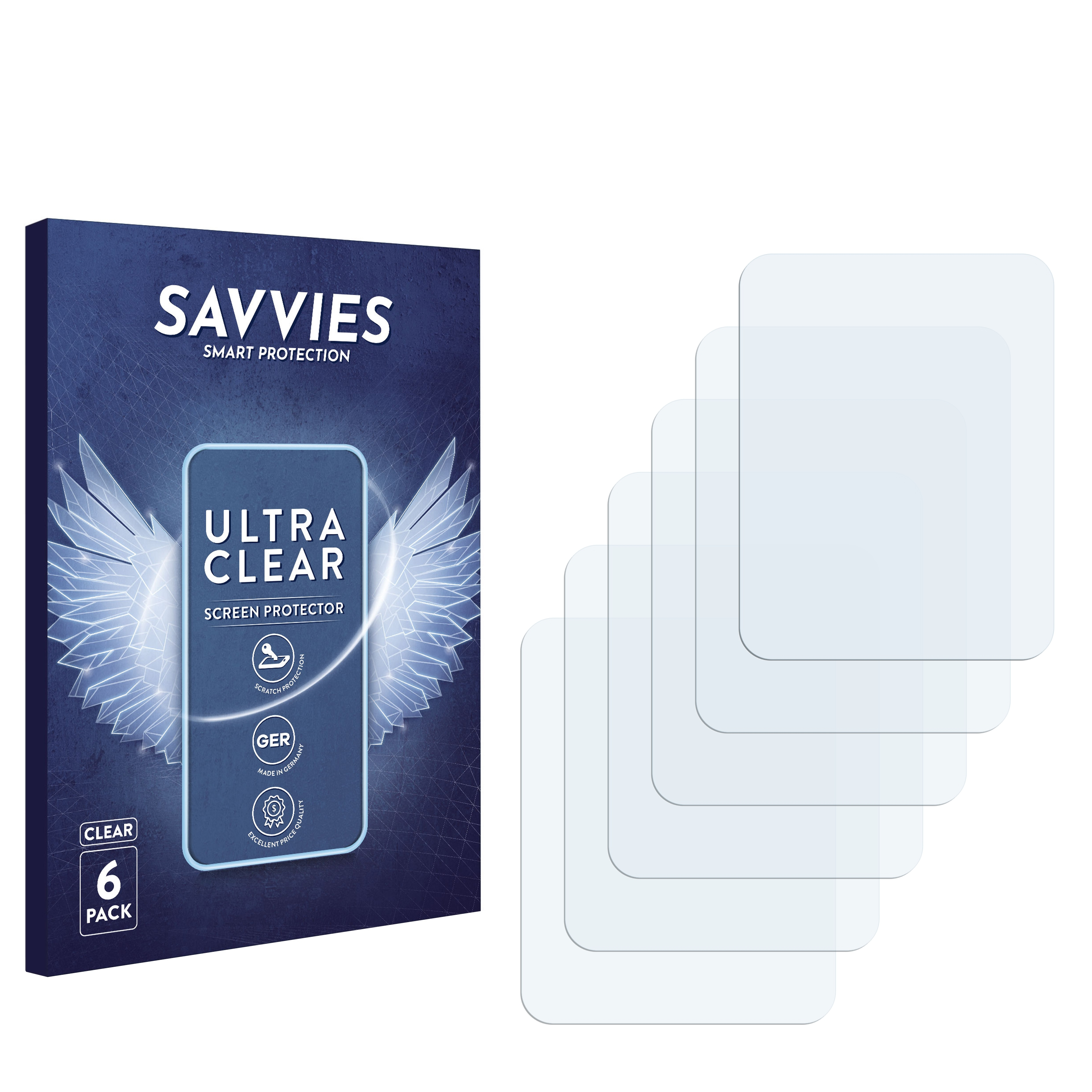 Eine Displayschutzfolienpackung mit vier klaren Schutzfolien, eine Box mit der Marke "SAVVIES".