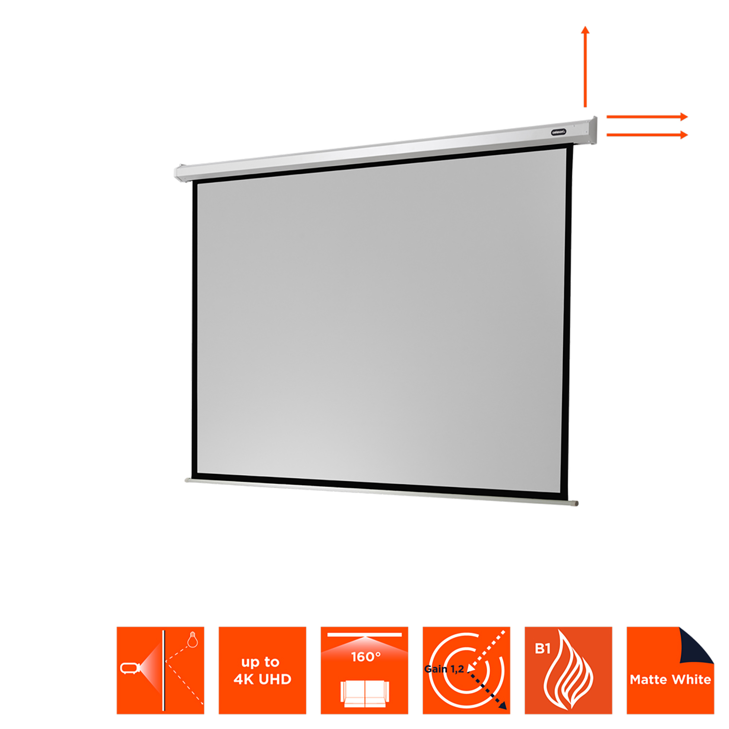 Weiße Projektorleinwand mit schwarzen Rändern, orangefarbene Symbole unten.