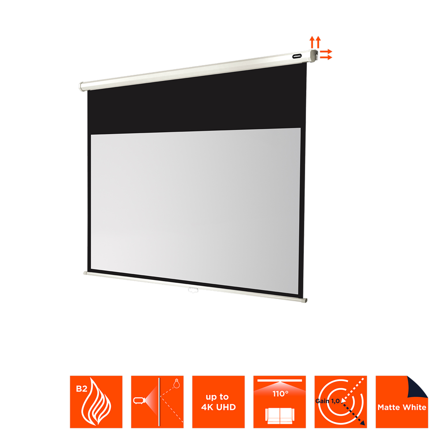 Un écran de projecteur blanc. Il montre un dessus noir et un écran blanc avec des icônes.