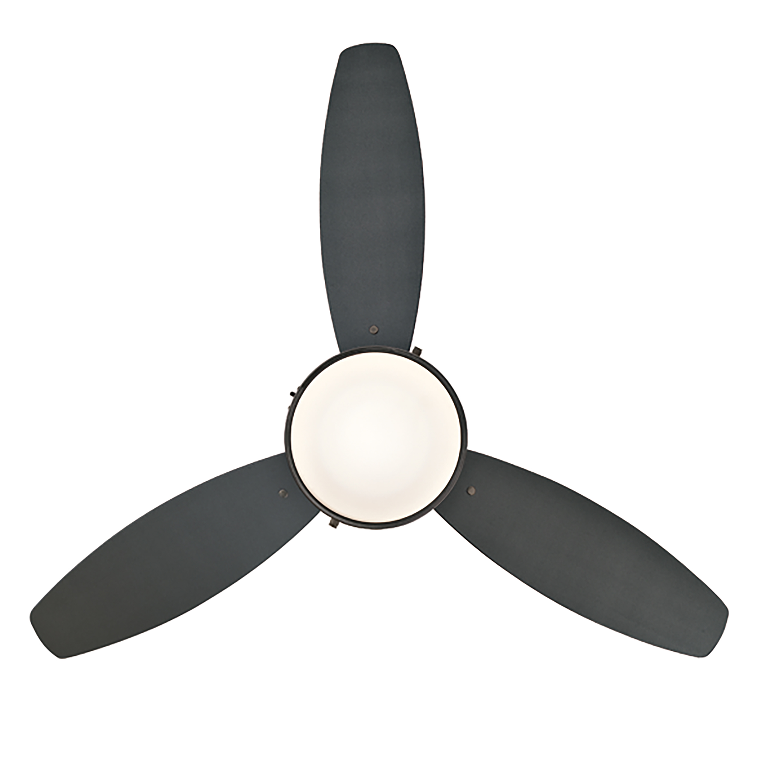 Ein schwarzer Deckenventilator mit drei Flügeln und einem zentralen Licht vor weißem Hintergrund. Der Ventilator ist isoliert.