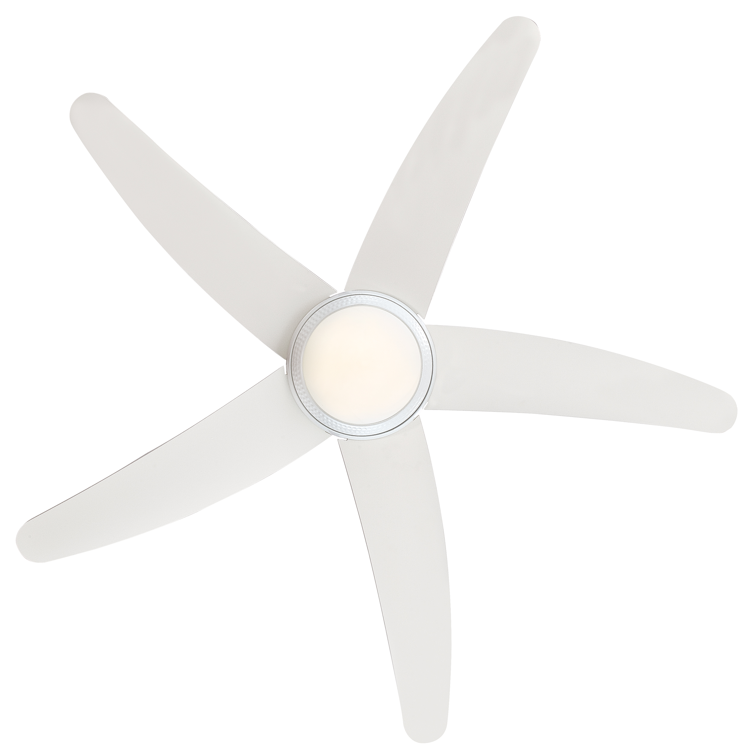 Weißer Deckenventilator mit fünf Flügeln und einer zentralen Leuchte. Sauberes, modernes Design.