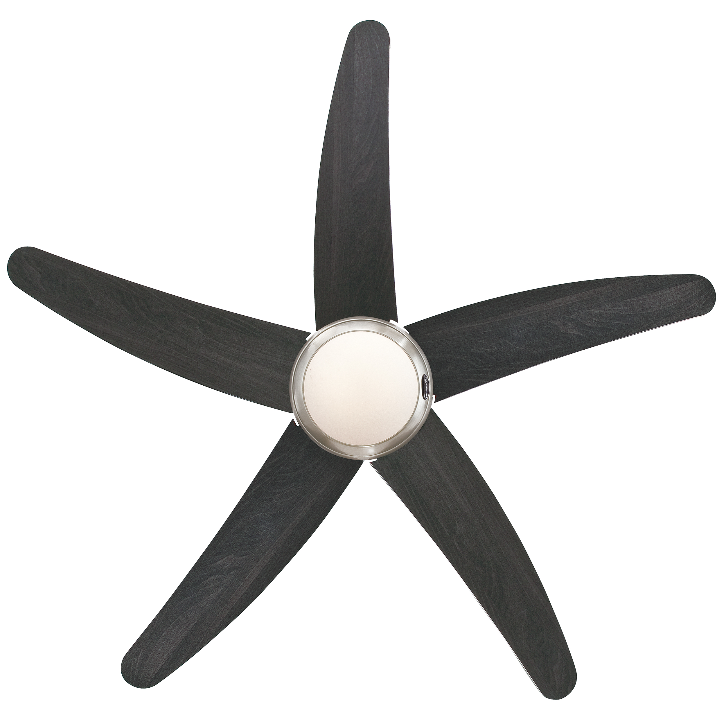 Un ventilatore a soffitto con cinque pale grigio scuro e un apparecchio di illuminazione centrale.