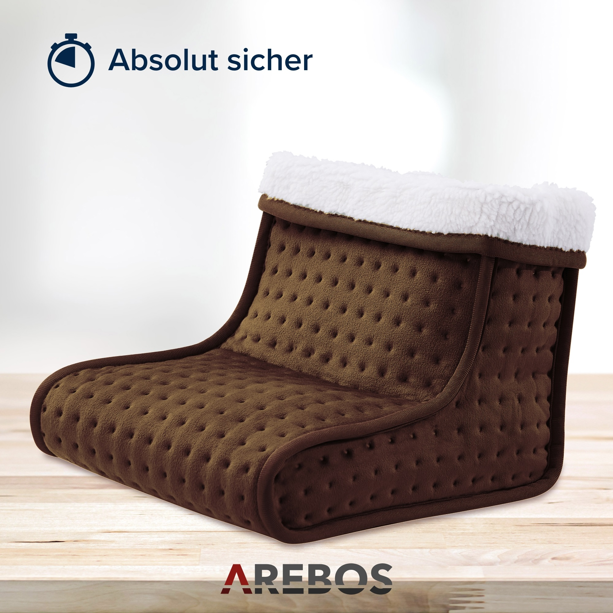 Ein brauner Fußwärmer mit weißem Futter. Der Text 'AREBOS' steht unten.