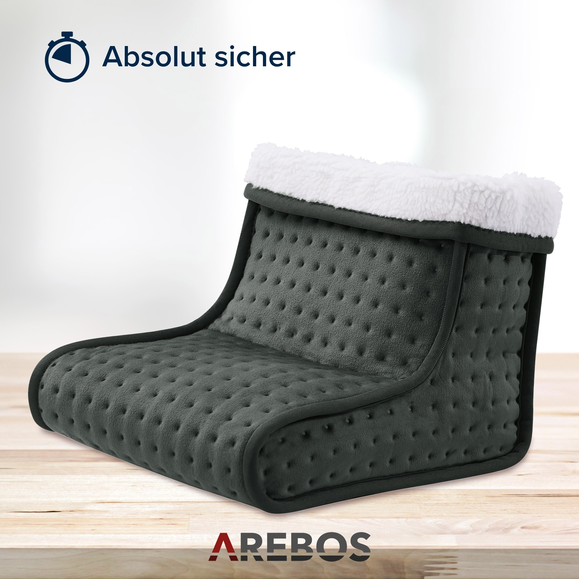 AREBOS waschbarer inkl. | mit 6 - Anthrazit Innenfutter | Fernbedienung LED Elektrischer Fußwärmer Temperaturstufen