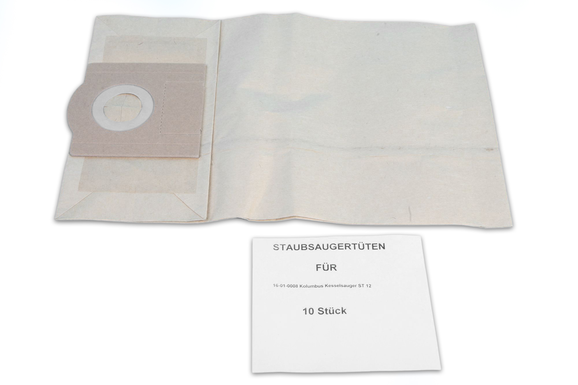 Staubsaugerbeutel mit Anweisungen auf weißem Hintergrund.