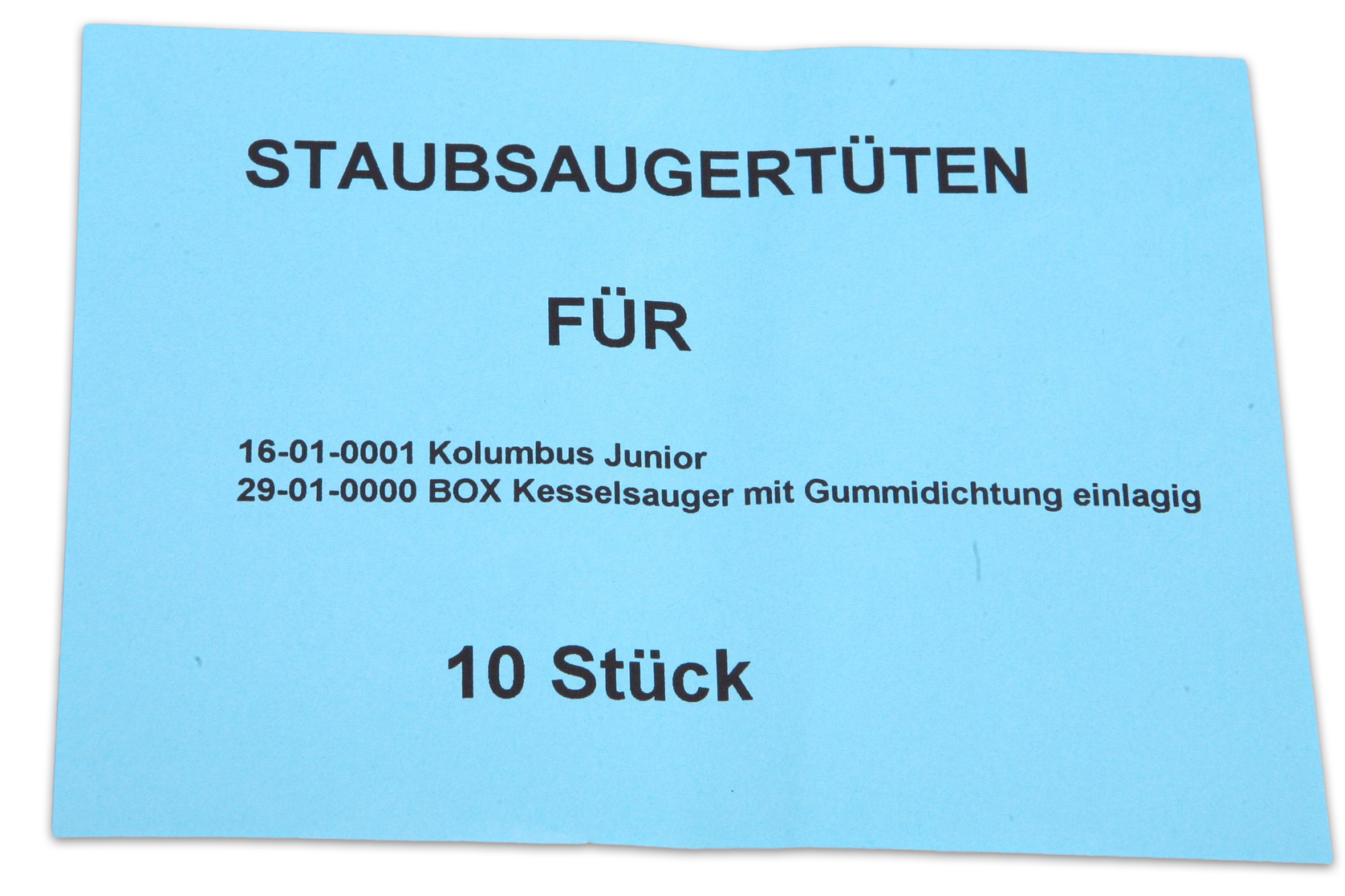 Ein blaues Papier mit Text über Staubsaugerbeutel, für ein bestimmtes Modell und die Menge, 10 Stück.