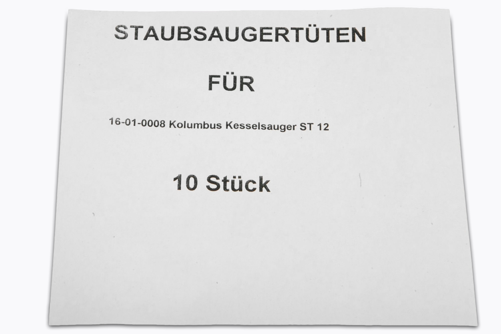 Weißes Papier mit schwarzem Text: 'STAUBSAUGERTÜTEN FÜR...10 Stück'.