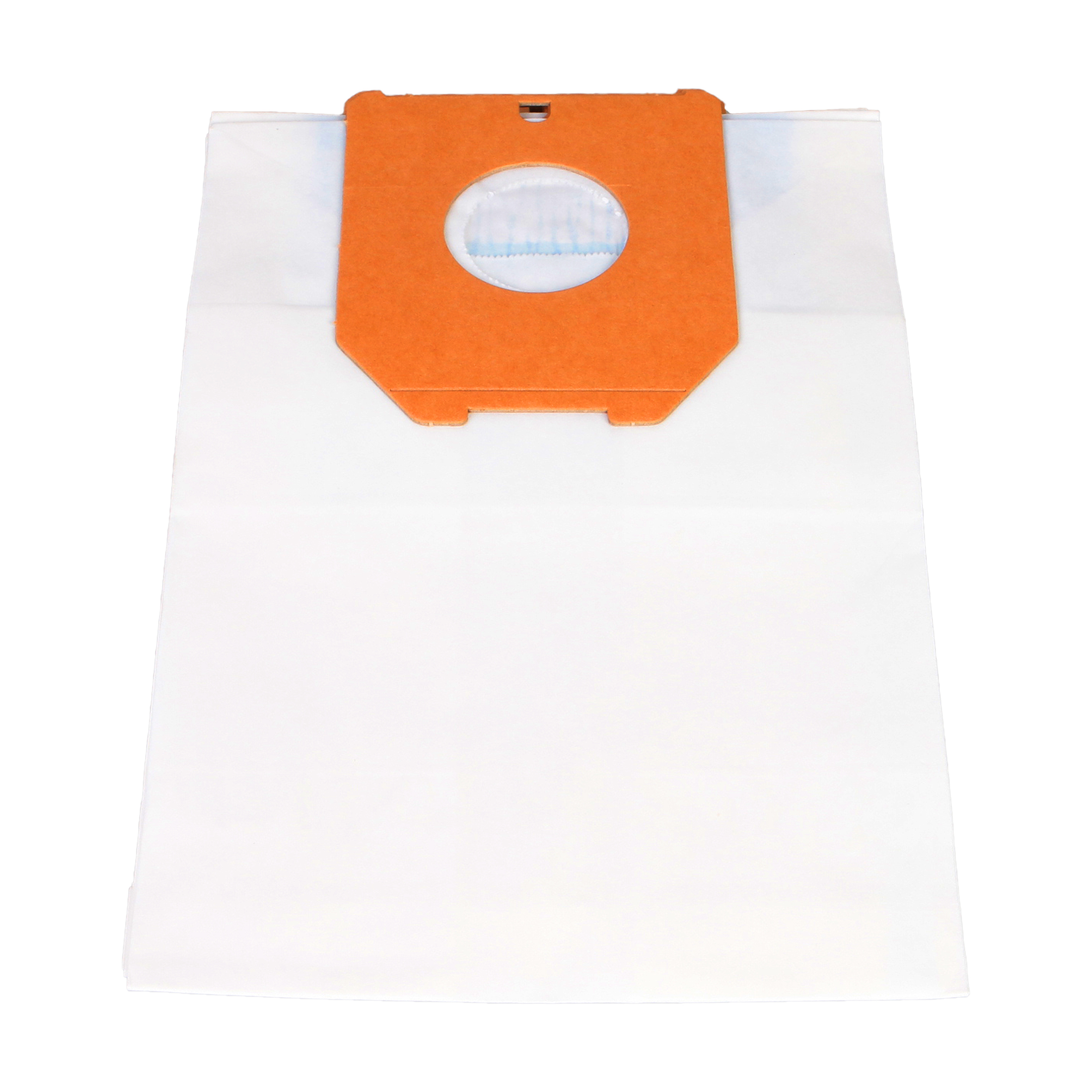 Ein weißer Staubsaugerbeutel mit orangefarbenem Oberteil vor weißem Hintergrund.