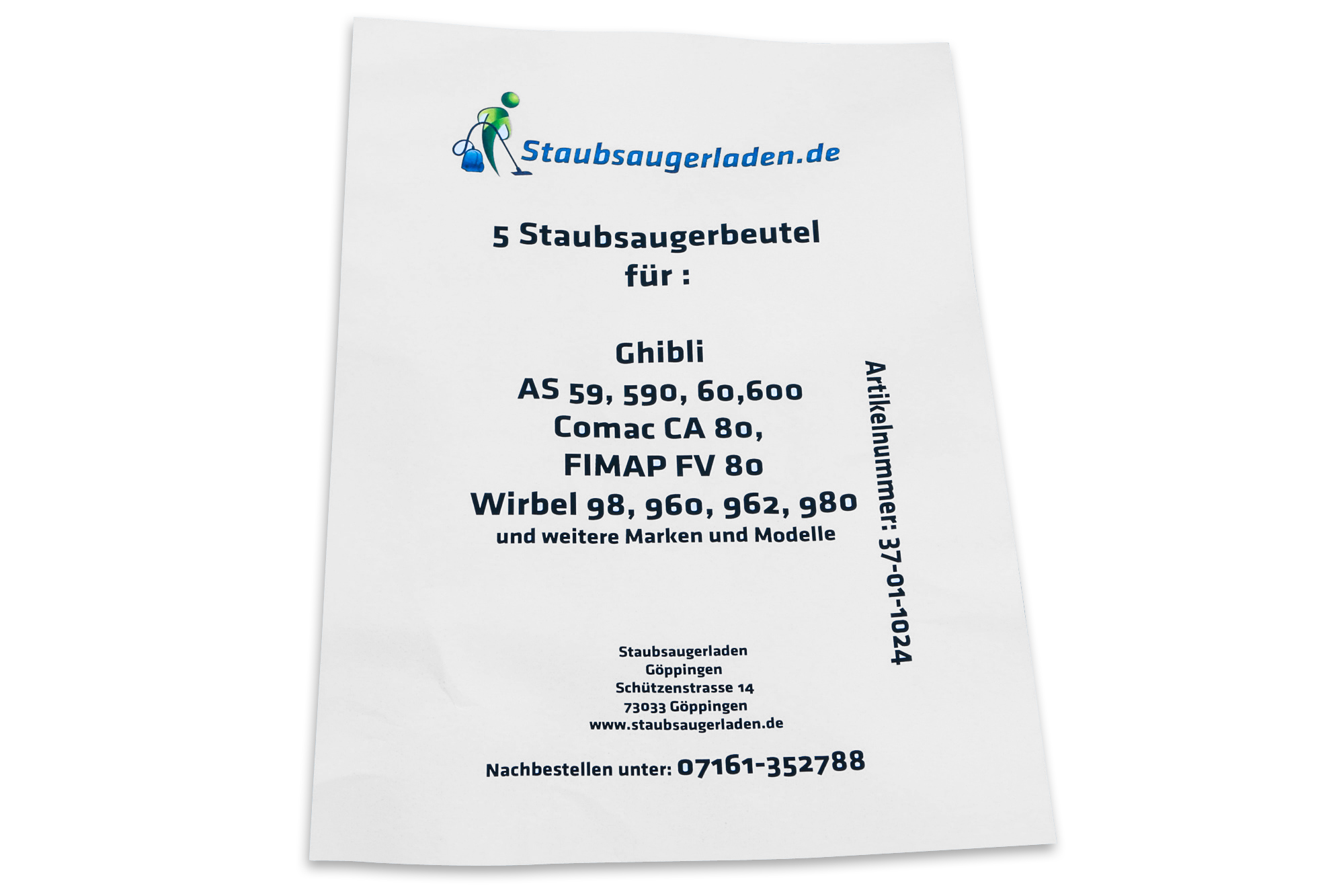 Weißes Papier mit Text über Staubsaugerbeutel, verschiedene Modelle und Marken.