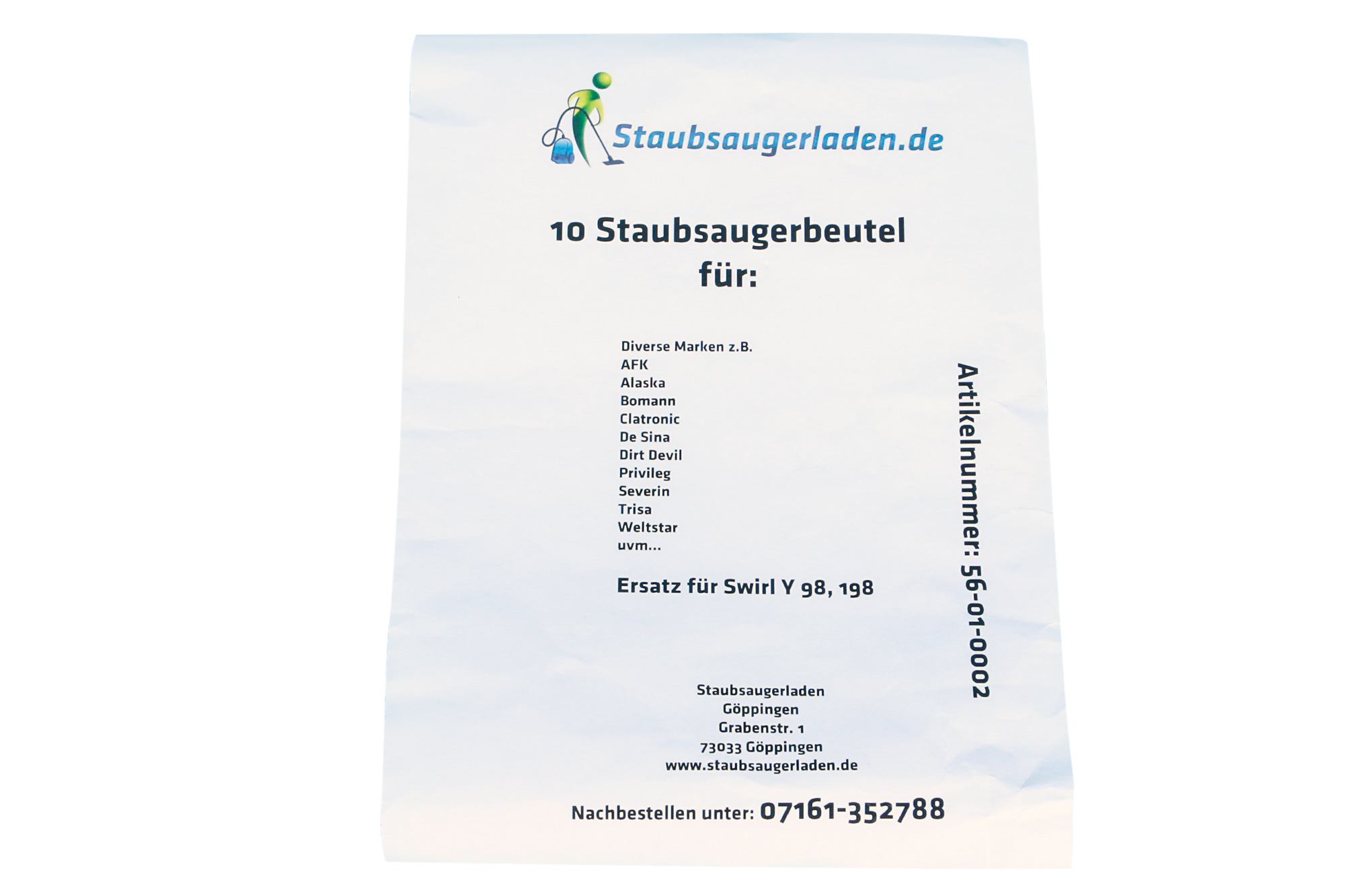Ein weißes Papier mit deutschem Text, das Staubsaugerbeutel und Marken auflistet.