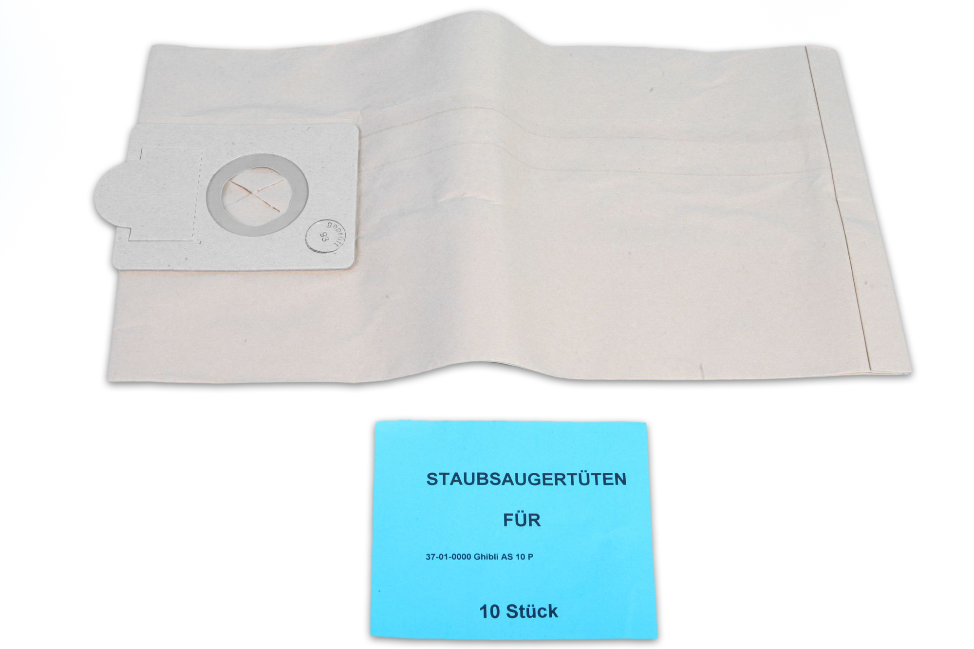 Staubsaugerbeutel und blaues Etikett. Etikett: Staubsaugerbeutel für Ghibli AS 10 P.