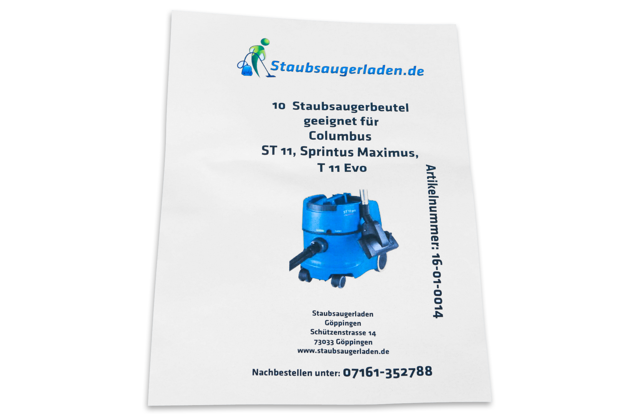 Dokument mit einem blauen Staubsaugerbild und Text.