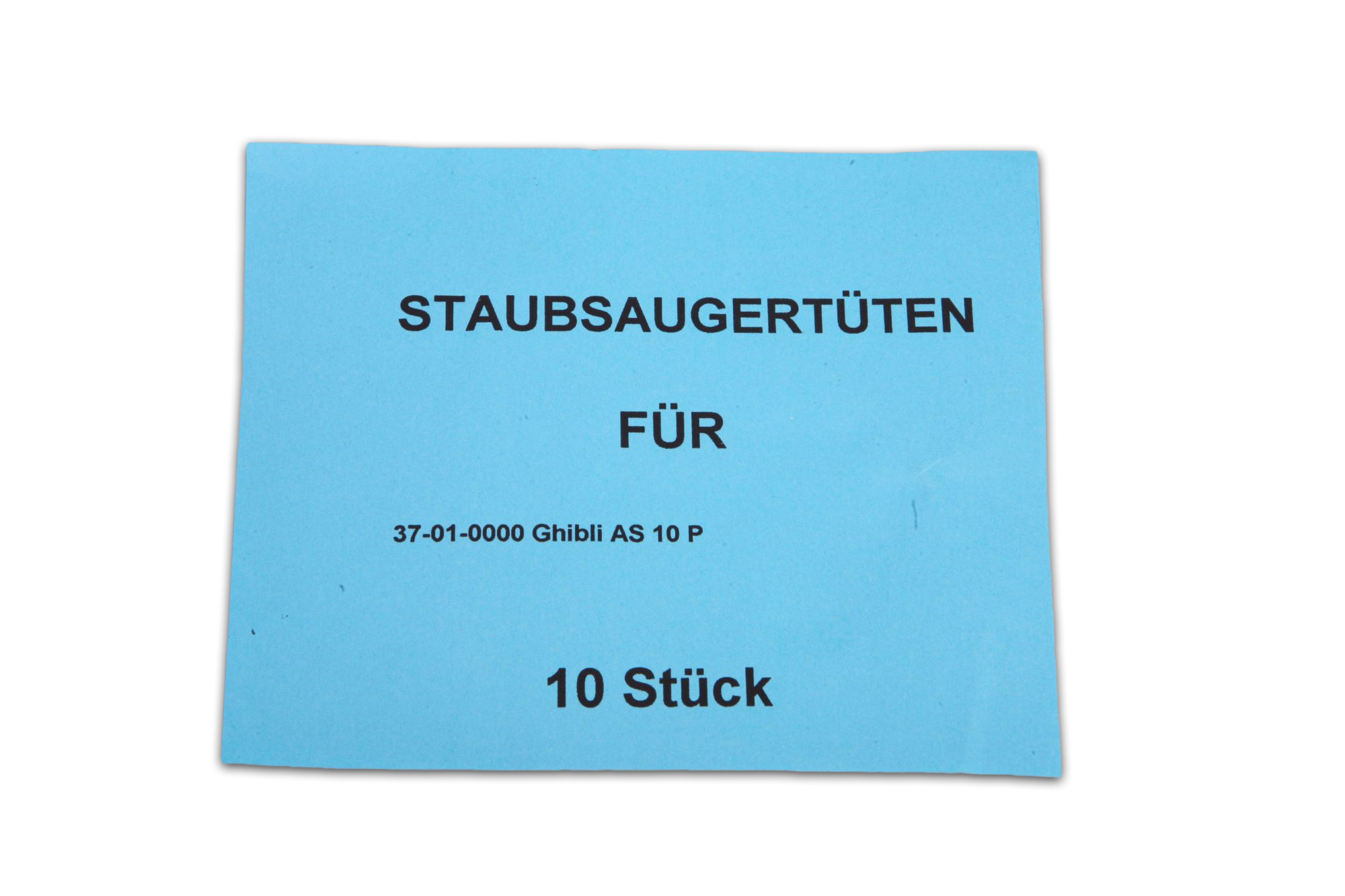 Blaues Papier mit weißem Text: 'STAUB- SAUGERTUTEN FÜR 10 Stück' und '37-01-0000 Ghibli AS 10 P'.