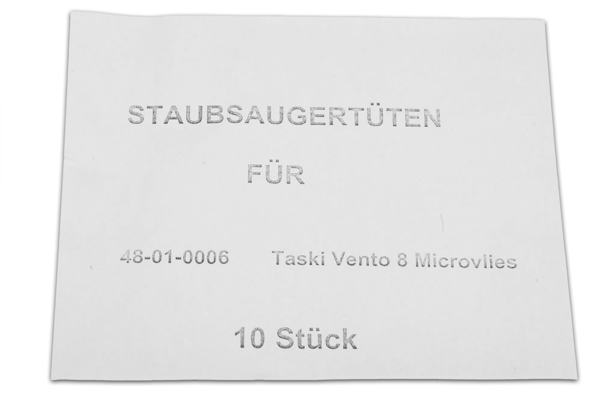Weißes Papier mit grauem Text: "Staubsaugertüten", "Für", Zahlen und "10 Stück".
