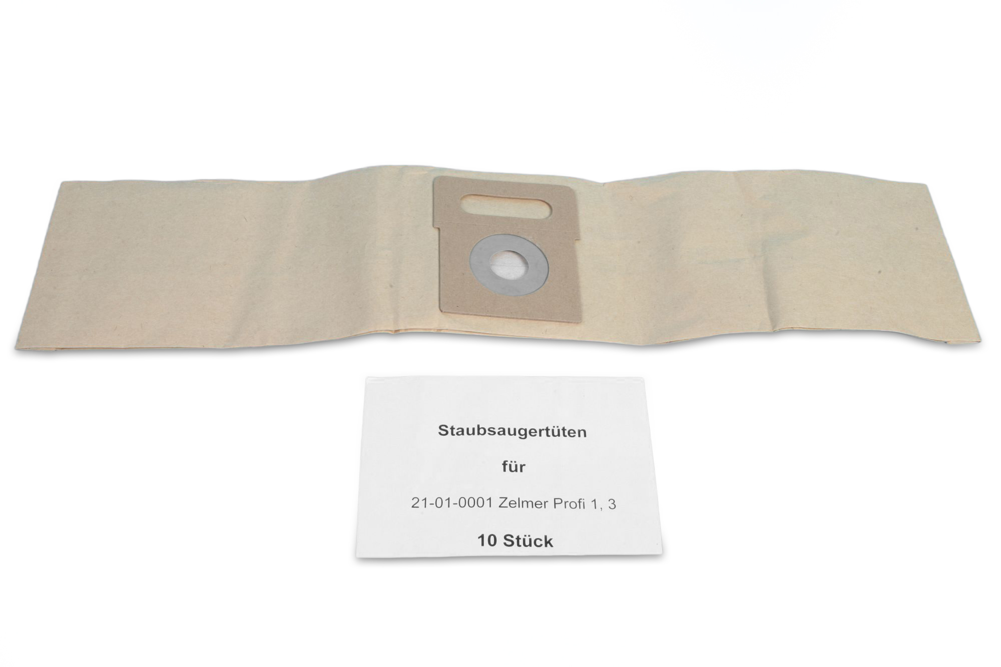 Beige Staubsaugerbeutel mit Kartonhalter und Text auf weißem Hintergrund.