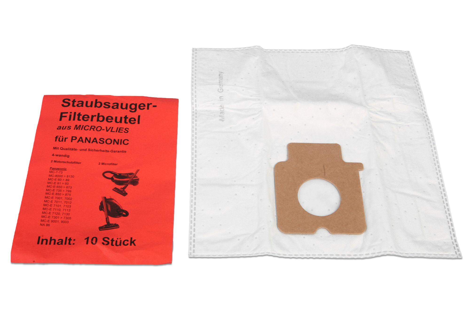 Staubsauger-Filterbeutel und eine rote Verpackung. Die Tüte ist beige und weiß, die Verpackung rot.