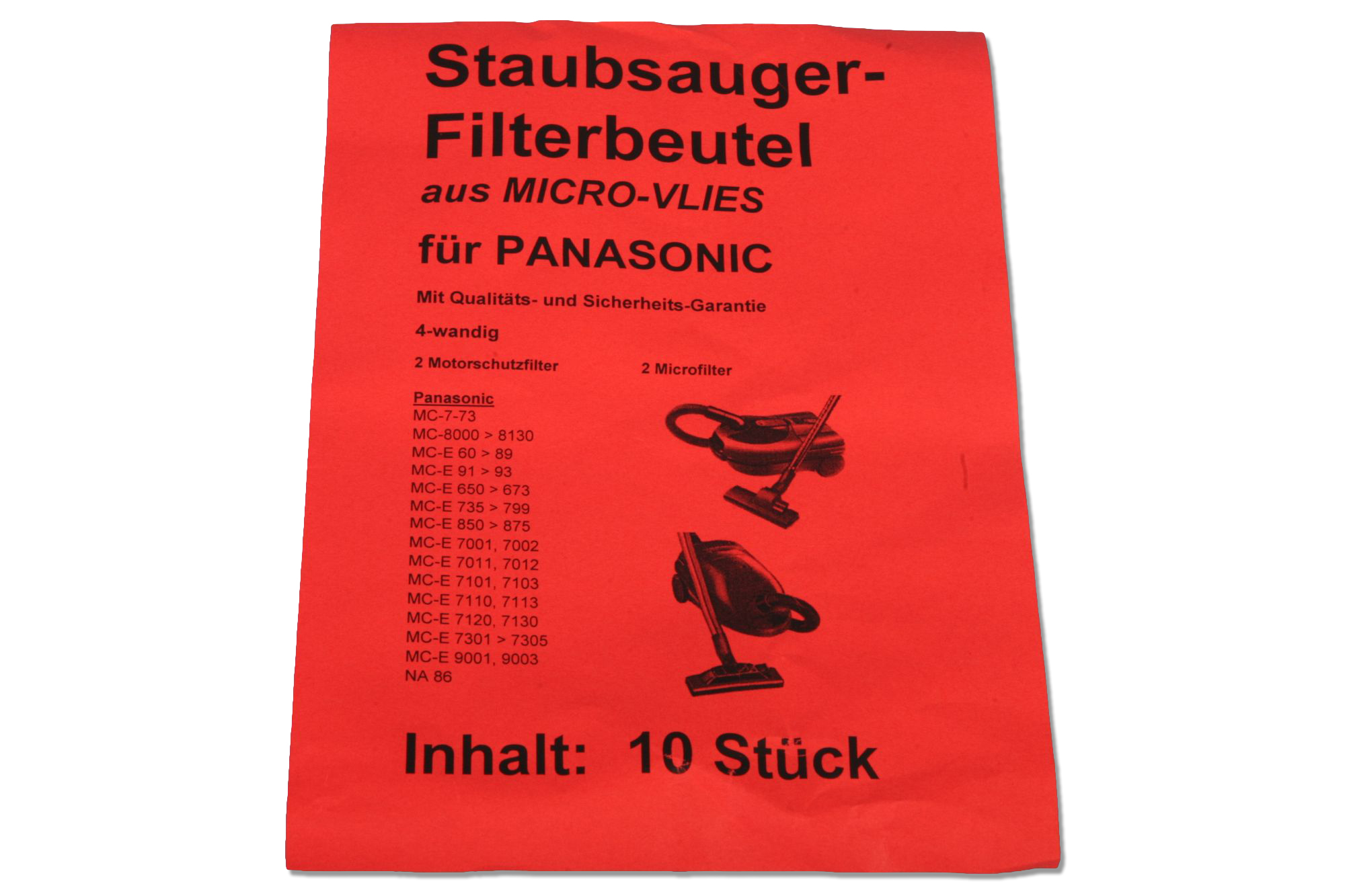 Rote Staubsaugerbeutelverpackung. Text auf Deutsch. Enthält 10 Stück.