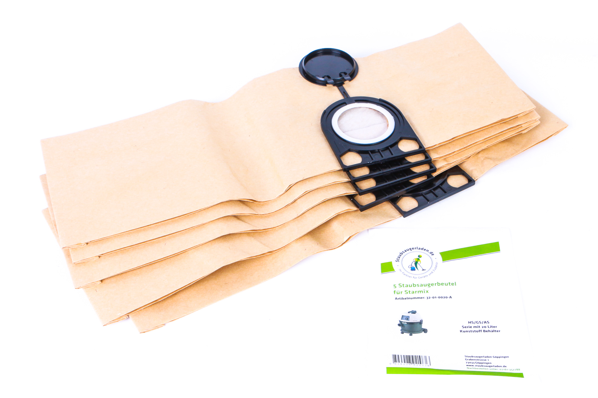 Beige Staubsaugerbeutel mit schwarzem Kunststoffaufsatz und einem Flyer.