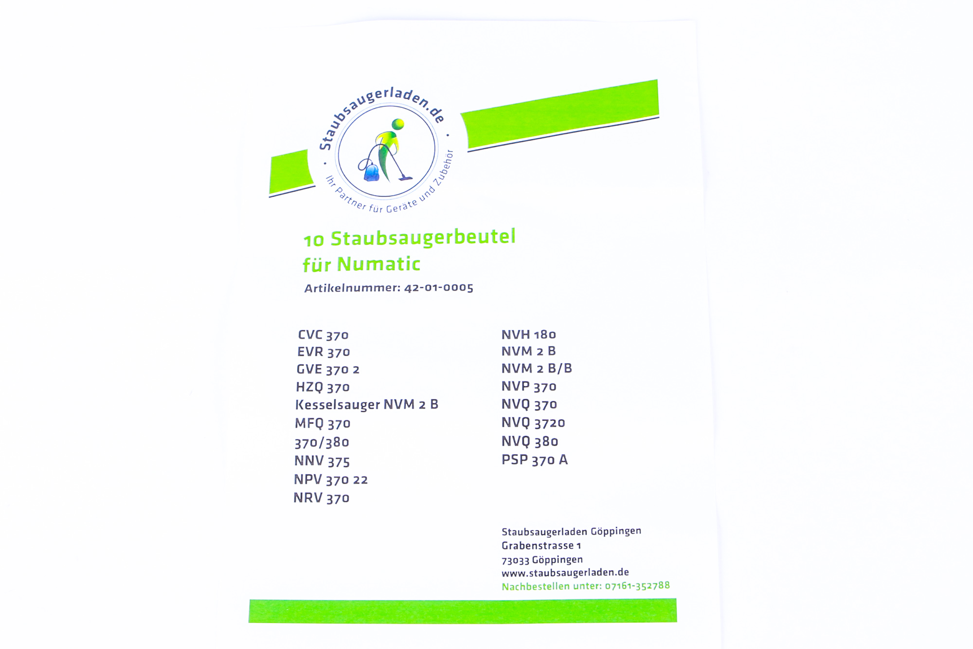 Papier mit Text darauf. Listet Staubsaugerbeutel für Numatic mit Marken- und Modellnummern auf.
