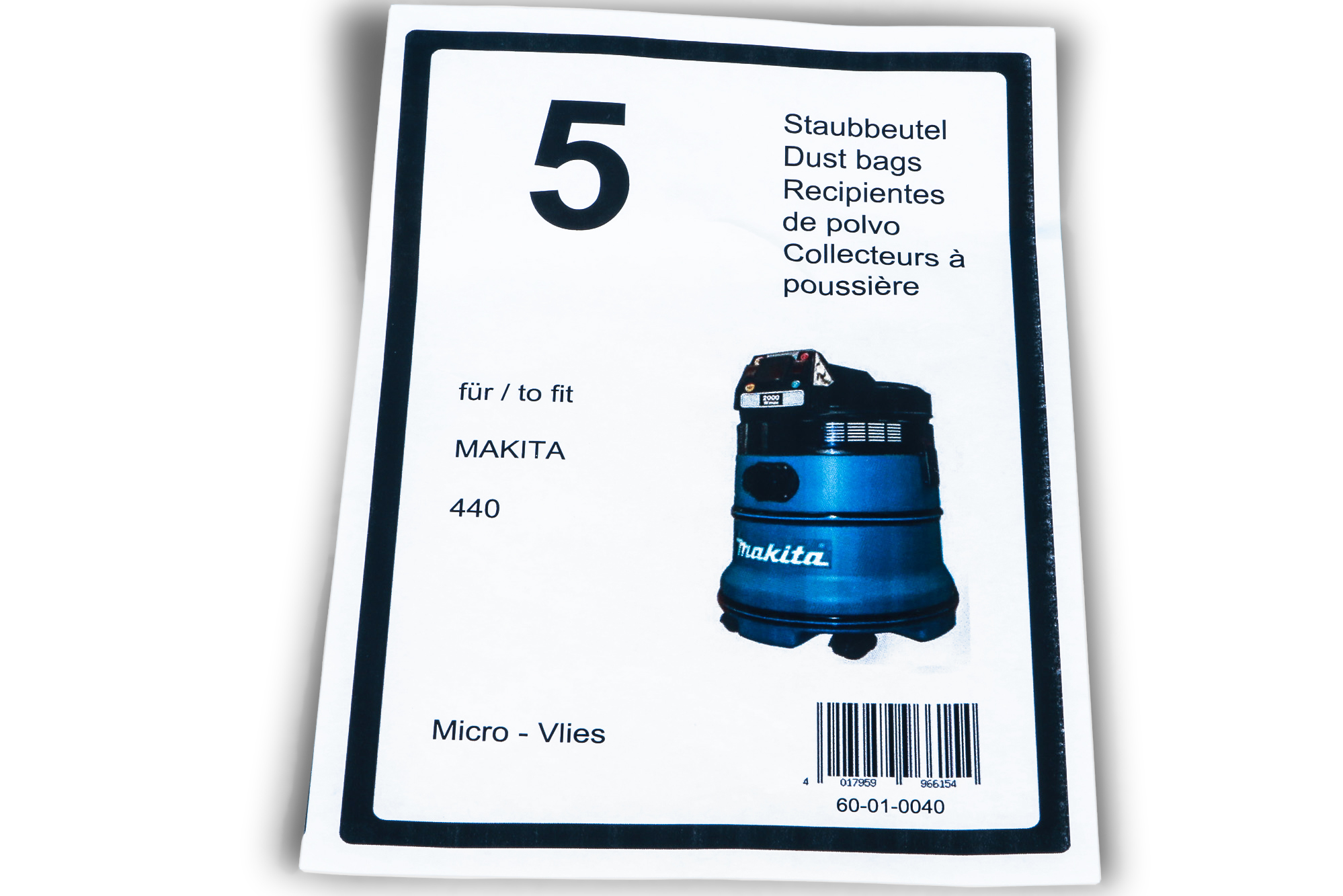 Ein weißes Etikett für einen Makita-Staubsauger mit Produktdetails und Bild.