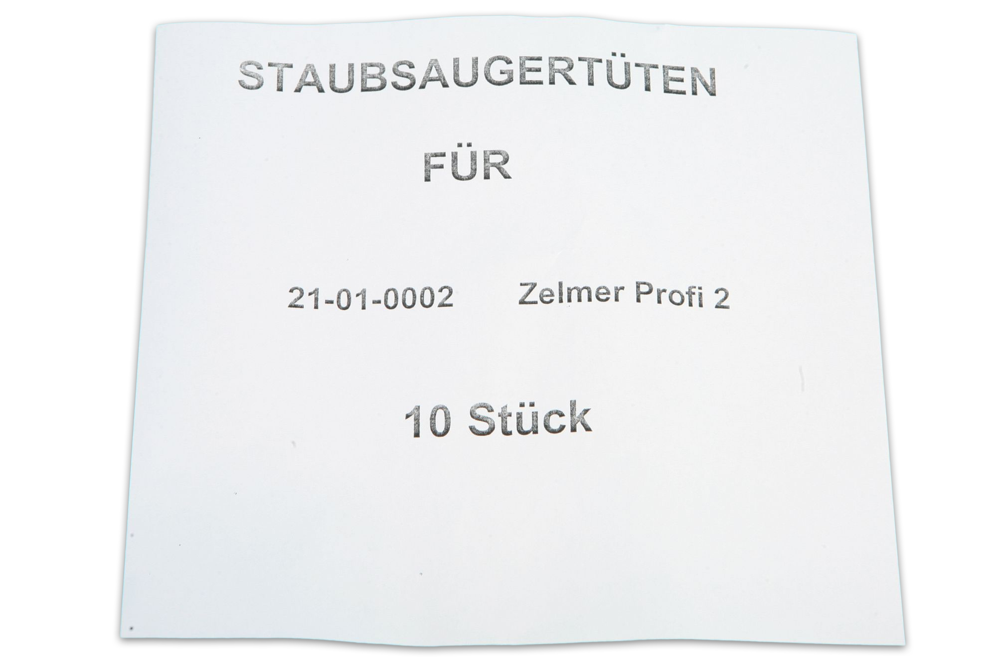 Weißes Produktetikett mit grauem Text, das Staubsaugerbeutel für Zelmer bewirbt.
