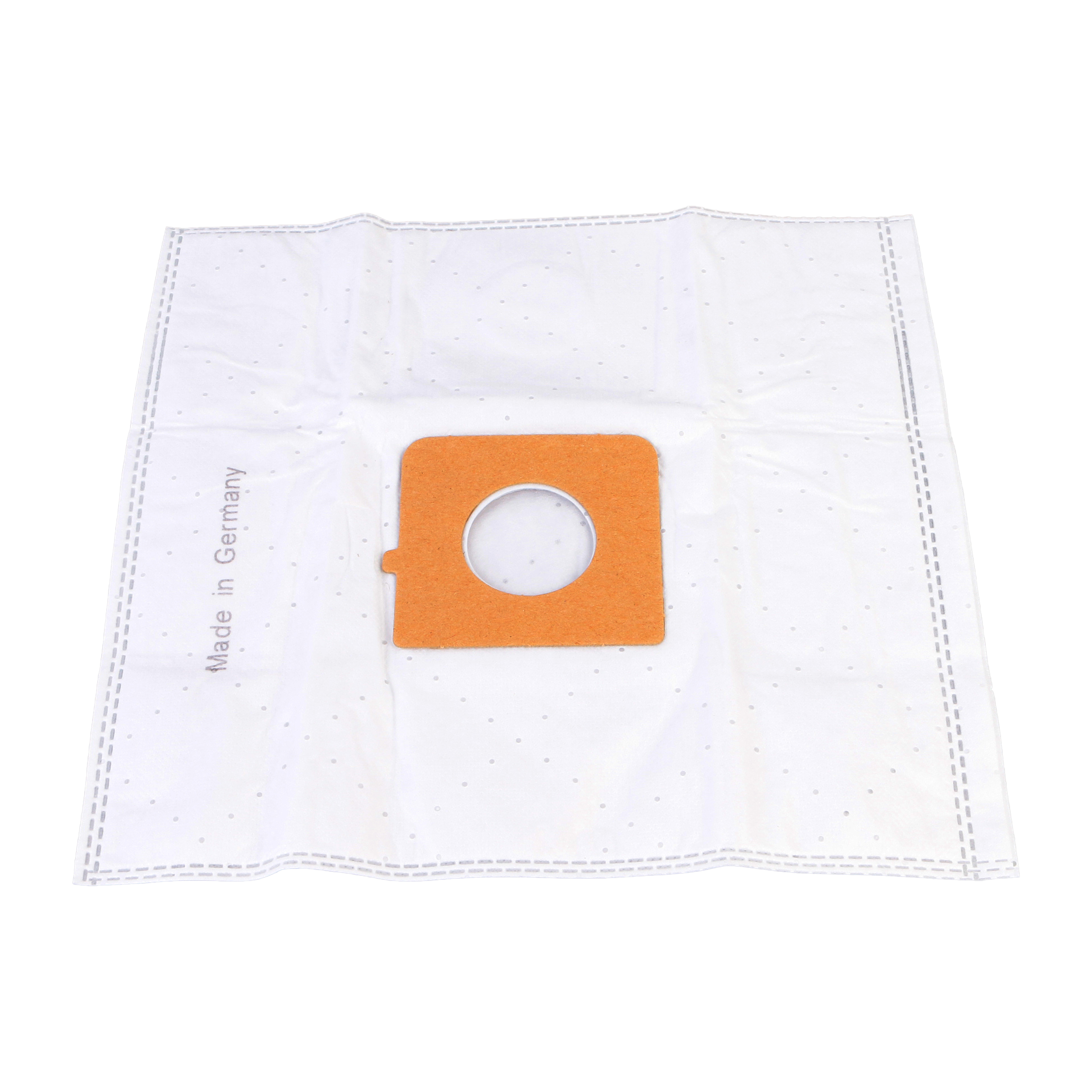 Weißer Staubsauger-Staubbeutel mit orangefarbenem Mittelteil. Weißer Hintergrund.