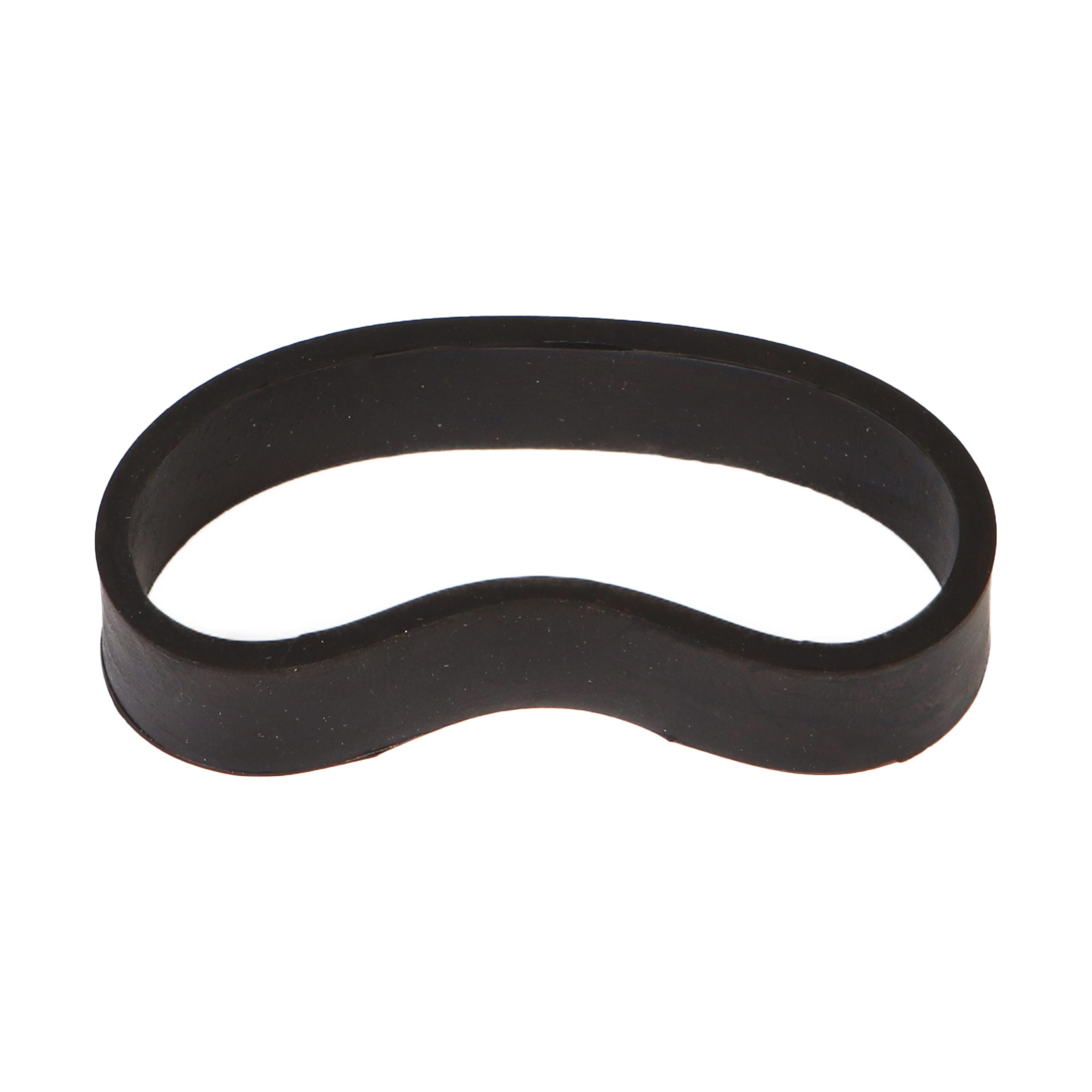 Ein einzelnes, schwarzes Gummiband auf weißem Hintergrund.