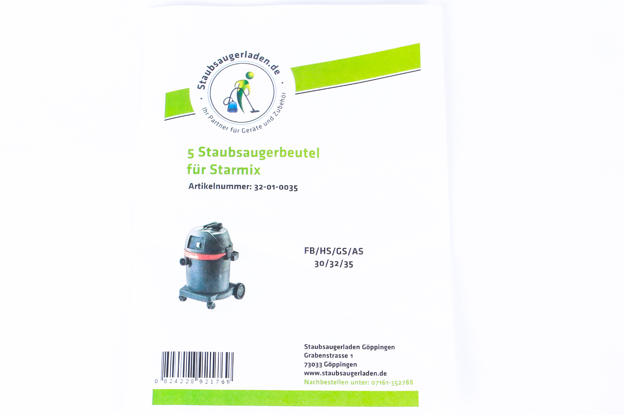Weißes Blatt mit Text und Staubsaugerbild. Für Starmix Staubsaugerbeutel.