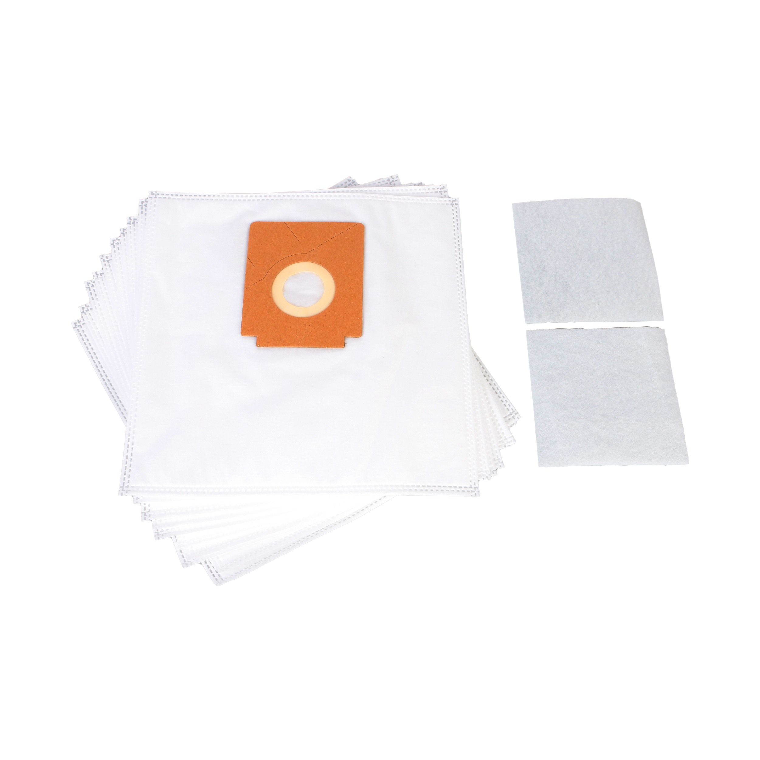 Stapel weißer Staubsaugerbeutel mit einem orangen Filter und zwei grauen Filtern an der Seite.