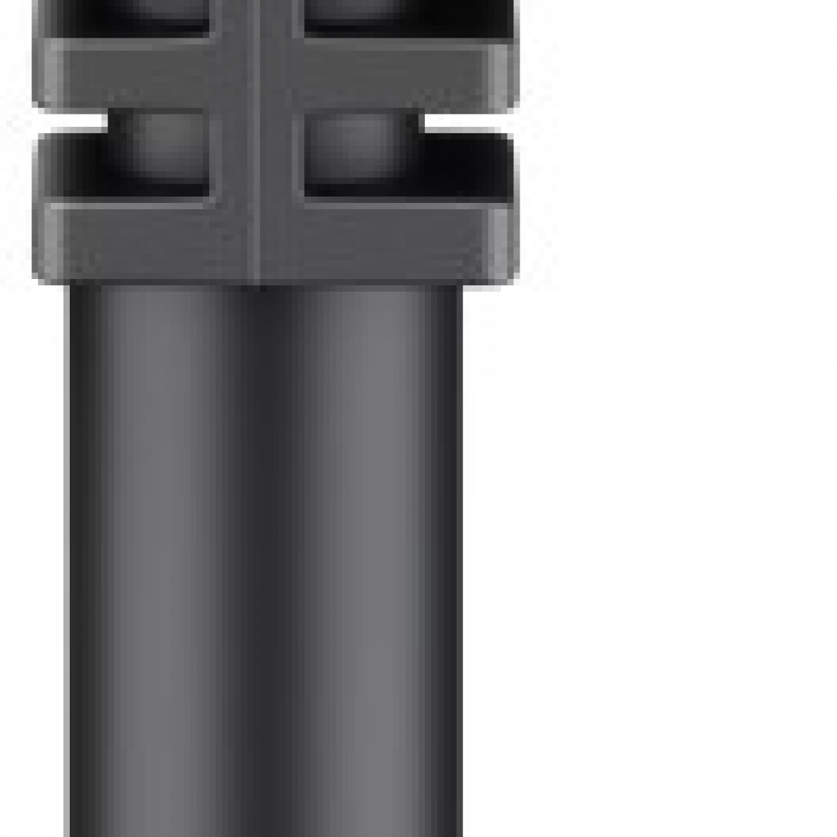 Black, cylindrical object with a dark grey, rectangular top. It has a grid-like pattern at the top.