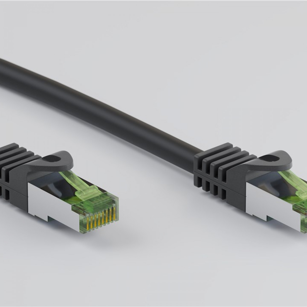 A black Ethernet cable with green connectors on a white background.