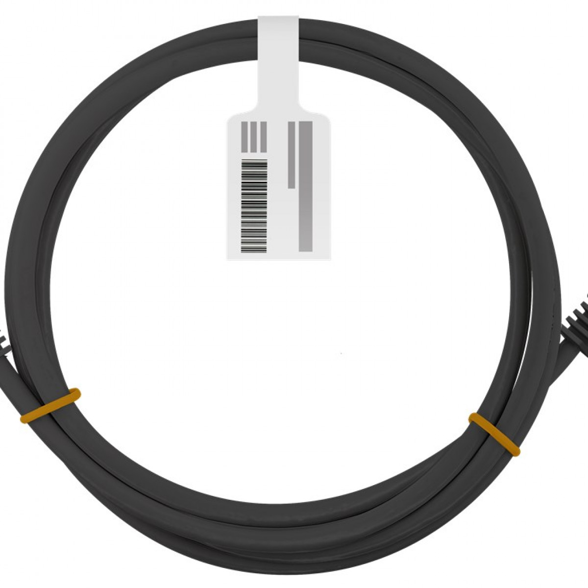 A black cable coiled with a label and two orange rubber bands. The background is white.