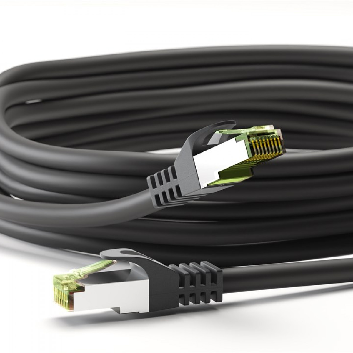 Black network cable with connectors on a white background.