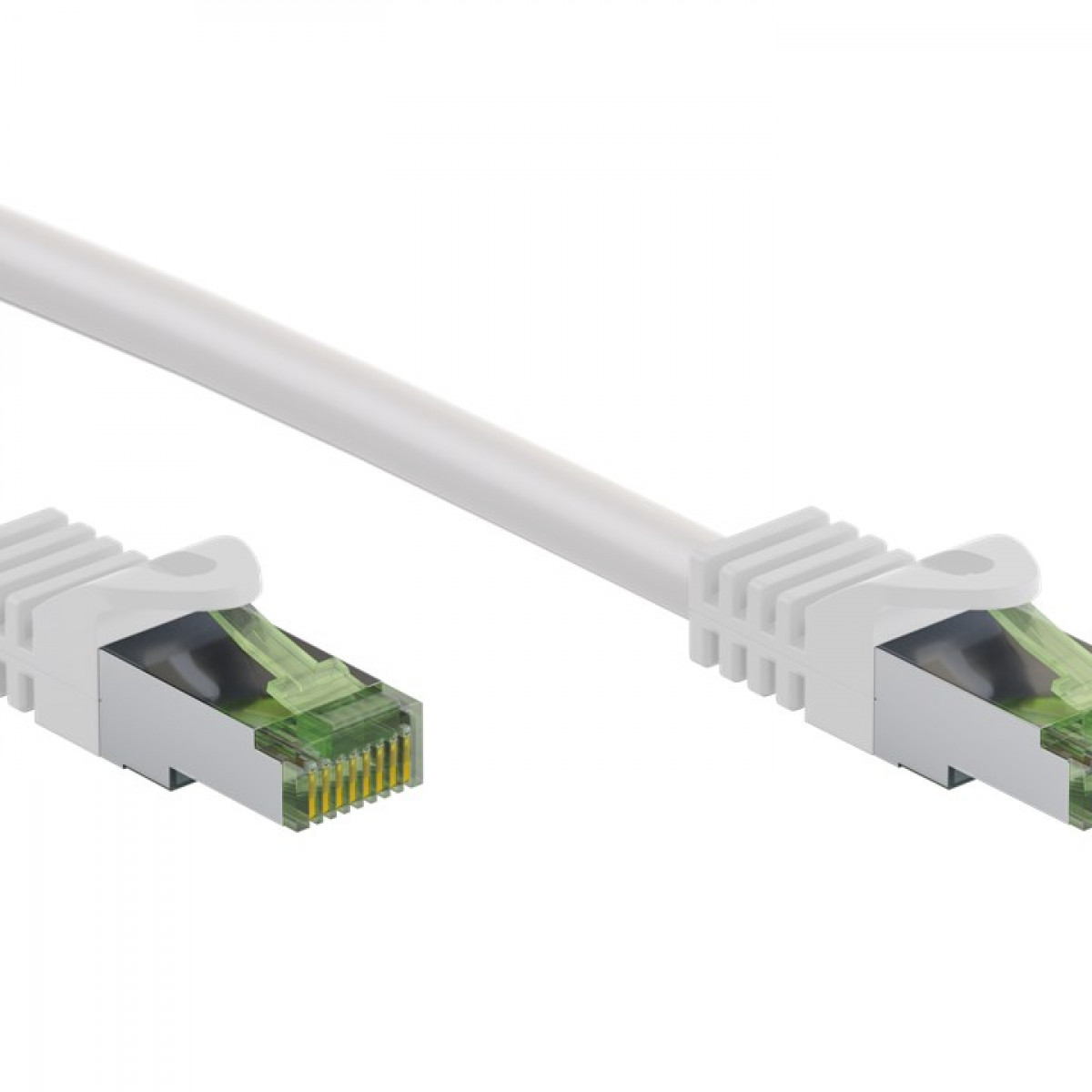 Biały kabel sieciowy z dwoma złączami. Złącza są zielone i żółte.