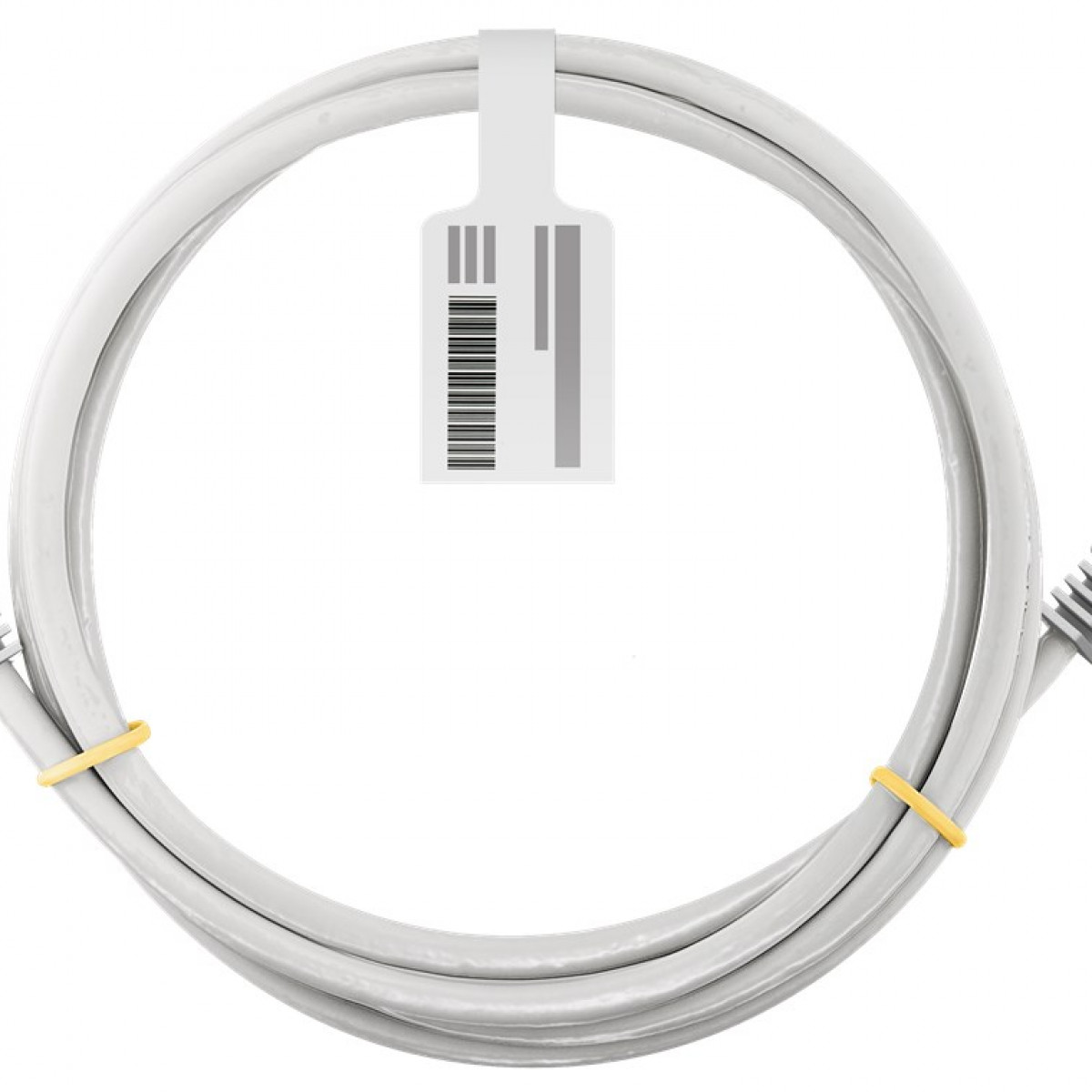 Biały kabel Ethernet, zwinięty. Dołączona etykieta. Dwie żółte opaski kablowe.