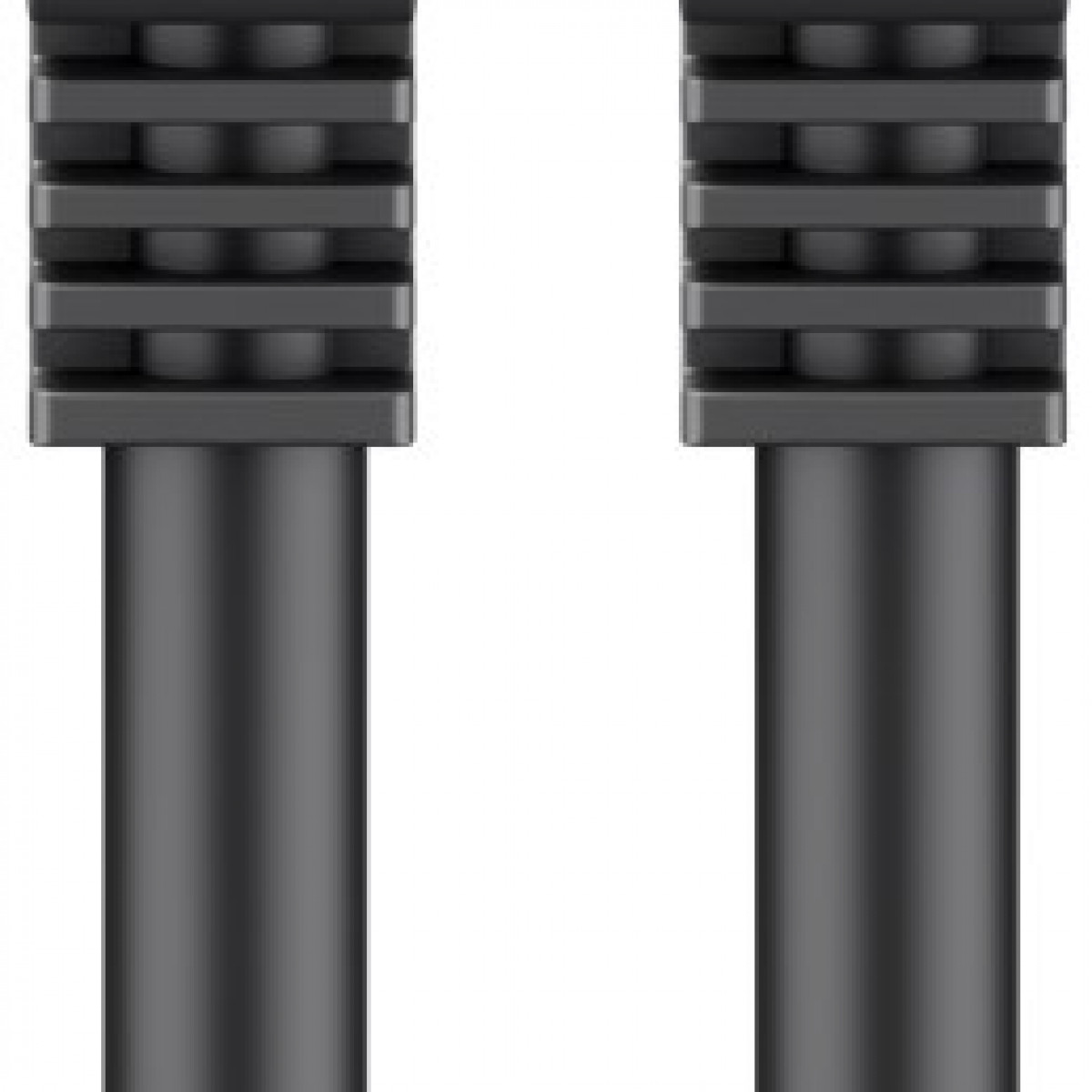 Dwa czarne, cylindryczne kable głośnikowe o ustrukturyzowanej powierzchni na górze. Tło jest gładkie białe.